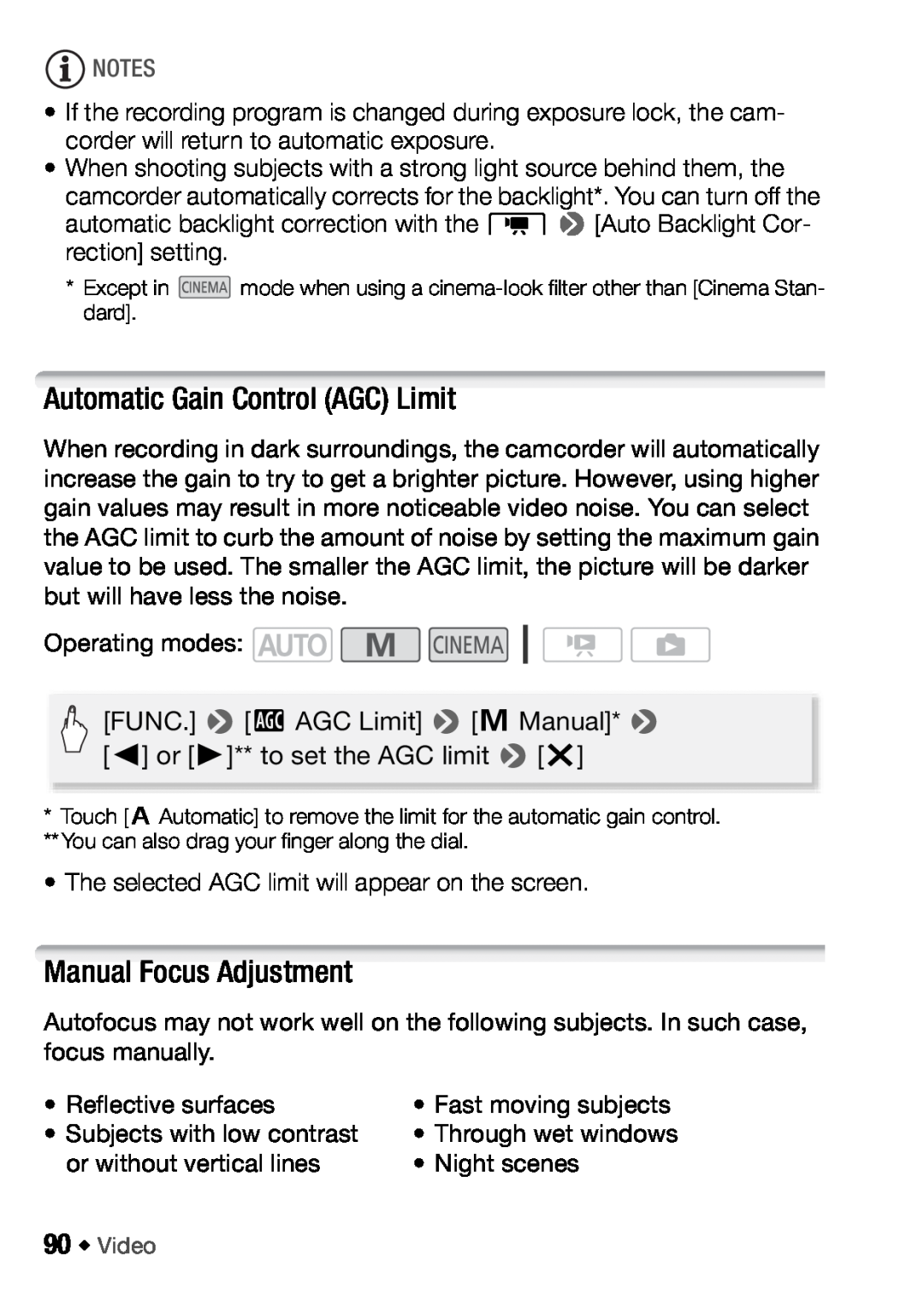 Canon HFM406, HFM46 instruction manual Automatic Gain Control AGC Limit, Manual Focus Adjustment, Through wet windows 