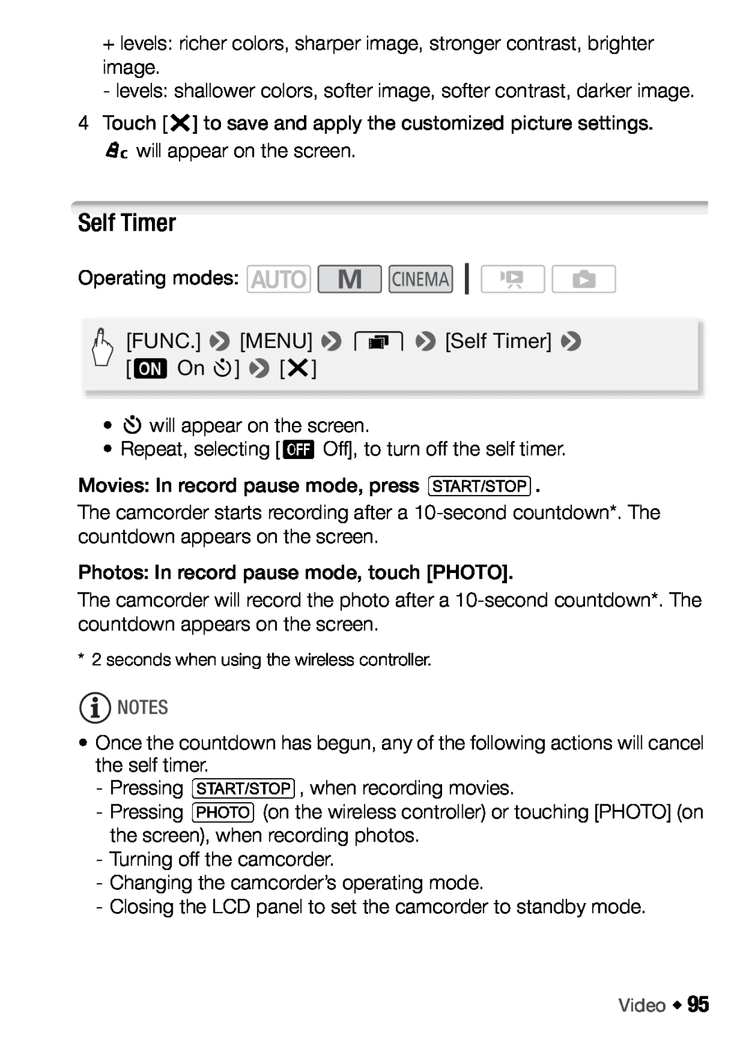 Canon HFM46, HFM406 instruction manual Self Timer, seconds when using the wireless controller 