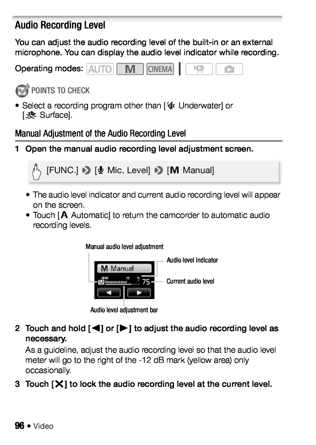 Canon HFM406, HFM46 instruction manual Manual Adjustment of the Audio Recording Level, Points To Check 