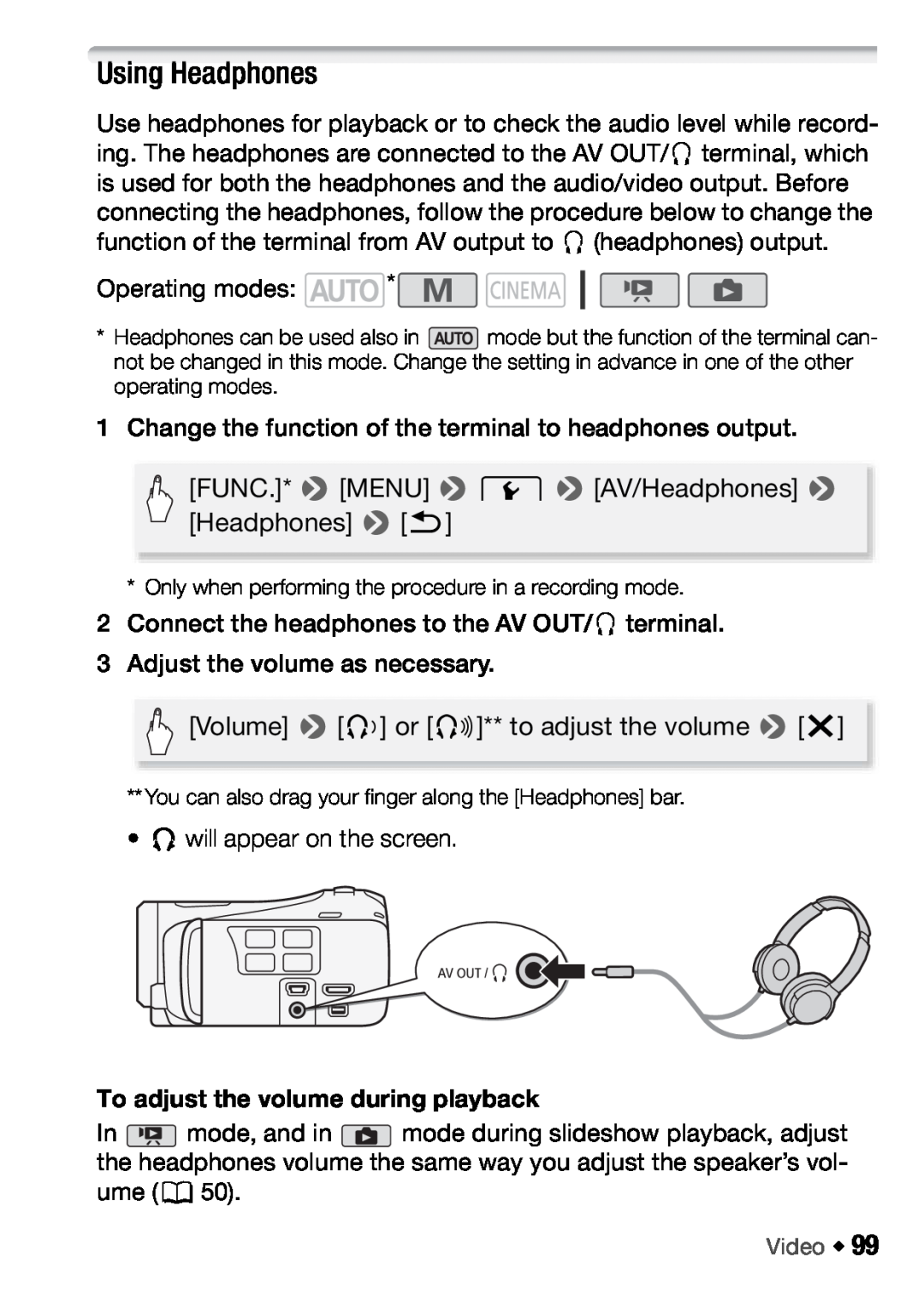 Canon HFM46, HFM406 instruction manual Using Headphones, To adjust the volume during playback 