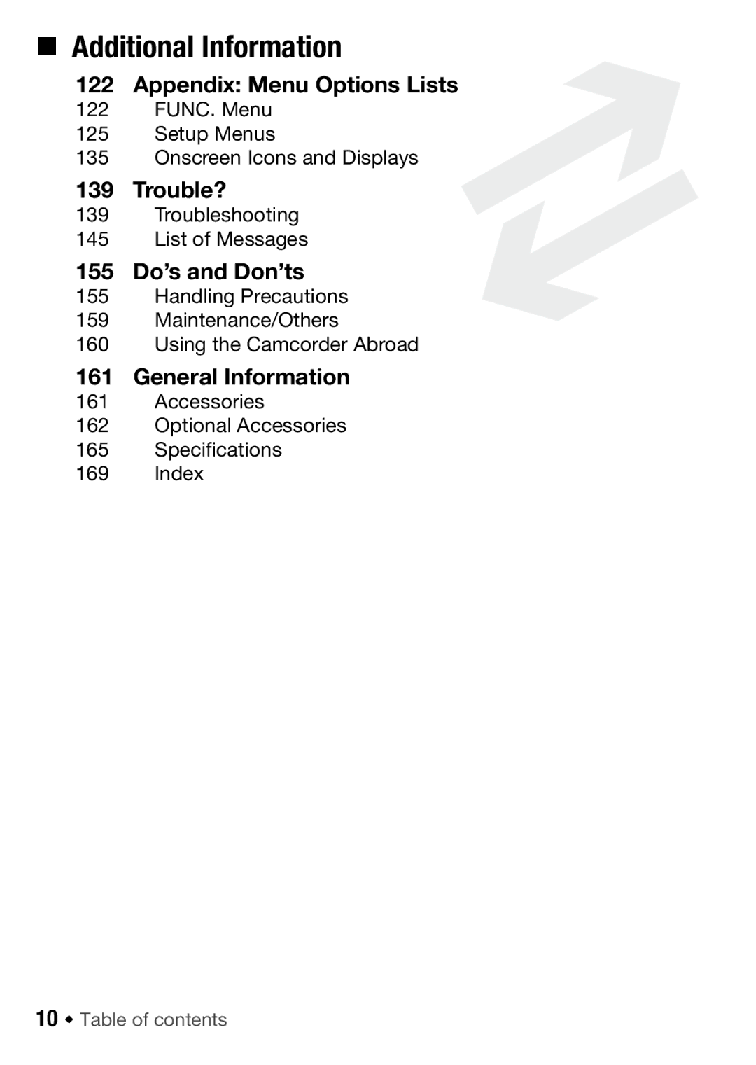 Canon HFR18 FUNC. Menu Setup Menus Onscreen Icons and Displays, Troubleshooting List of Messages, 10 Š Table of contents 