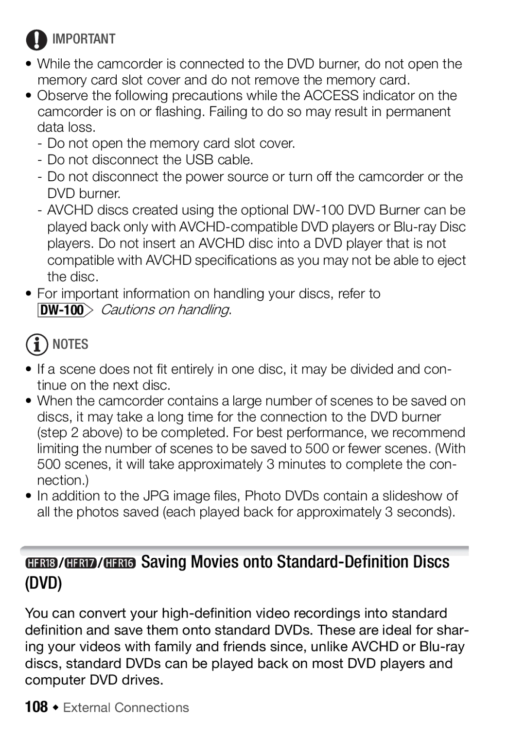 Canon HFR16, HFR17, HFR18, HFR106 Saving Movies onto Standard-Definition Discs DVD, 108 Š External Connections 