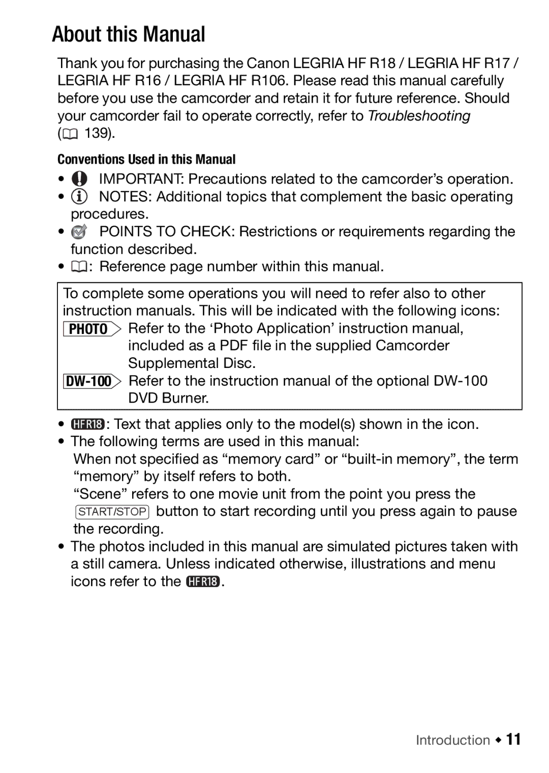 Canon HFR106, HFR16, HFR17, HFR18 instruction manual About this Manual, 139, Icons refer to, Introduction Š 