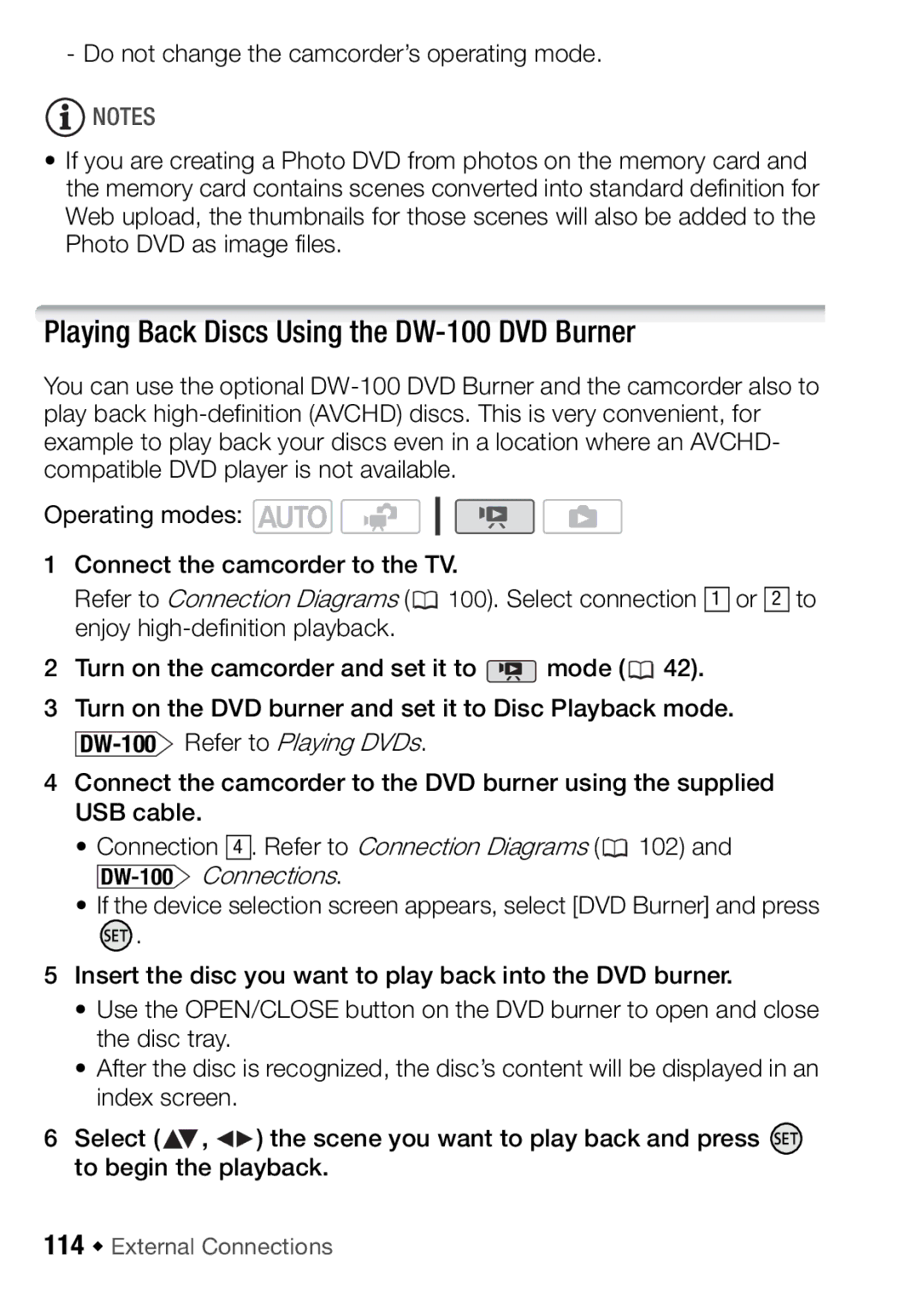 Canon HFR18, HFR16, HFR17, HFR106 Playing Back Discs Using the DW-100 DVD Burner, 114 Š External Connections 