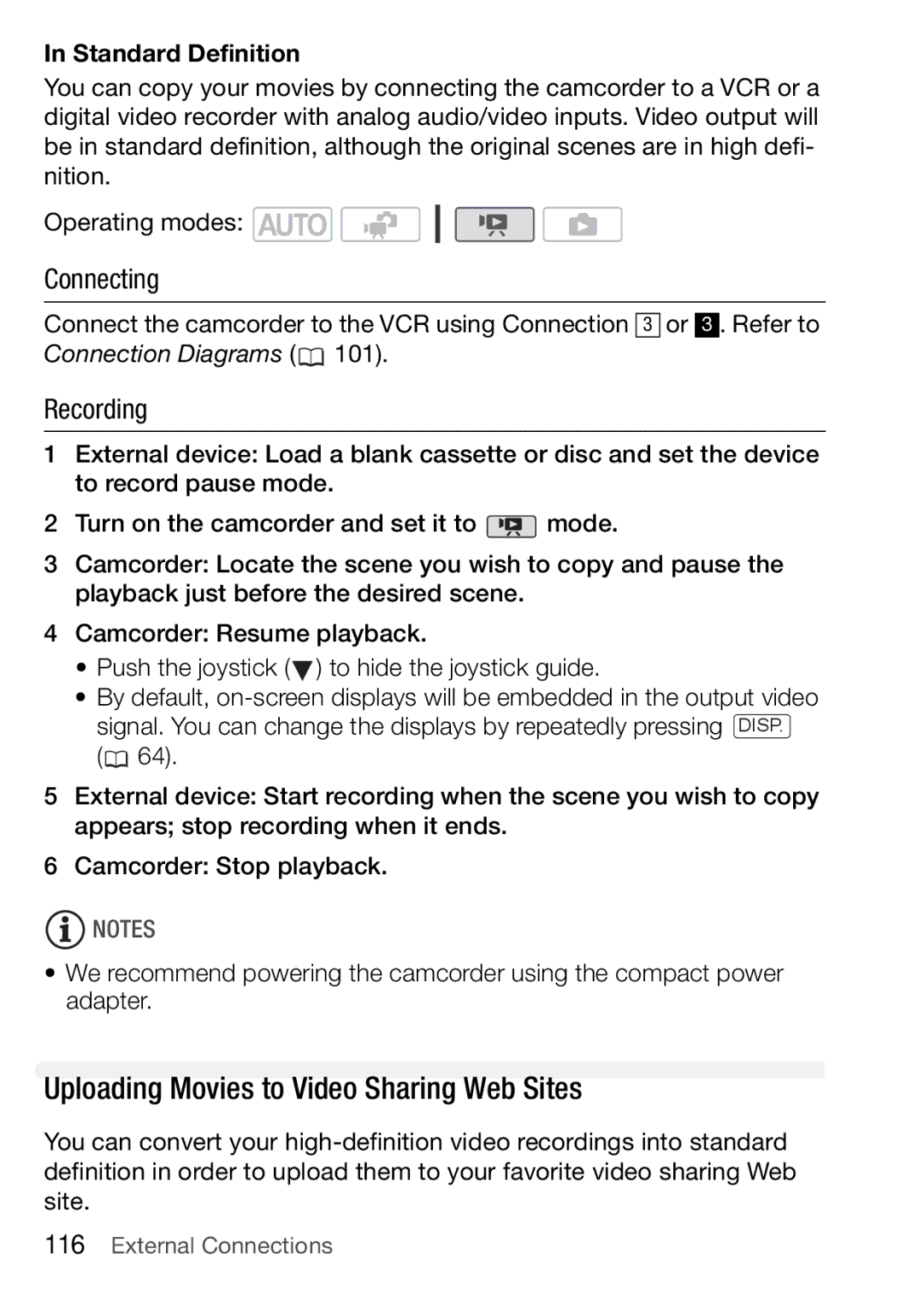 Canon HFR16 Uploading Movies to Video Sharing Web Sites, Connecting, Standard Definition, 116 Š External Connections 