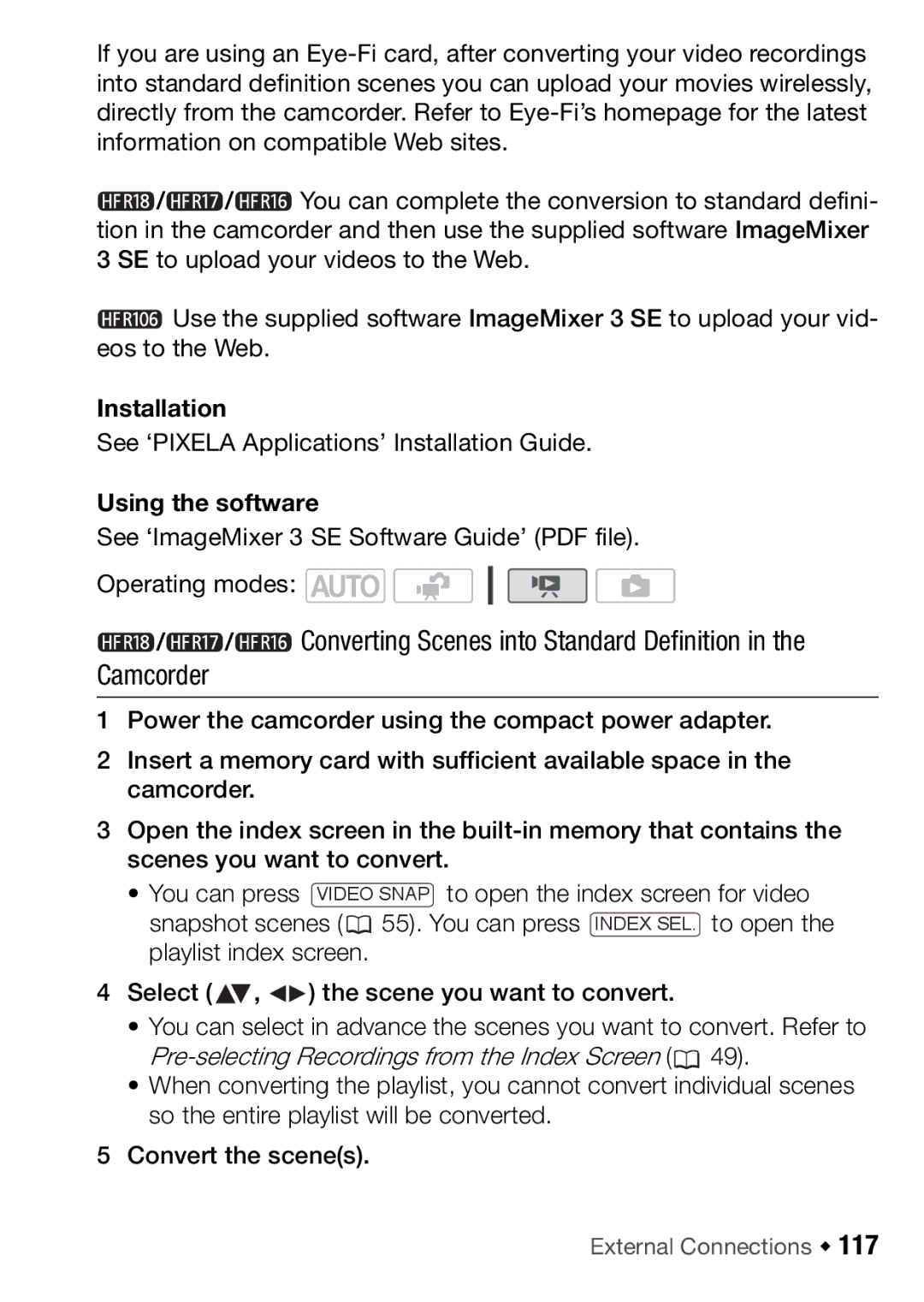 Canon HFR17, HFR16, HFR18, HFR106 instruction manual Converting Scenes into Standard Definition in the Camcorder 