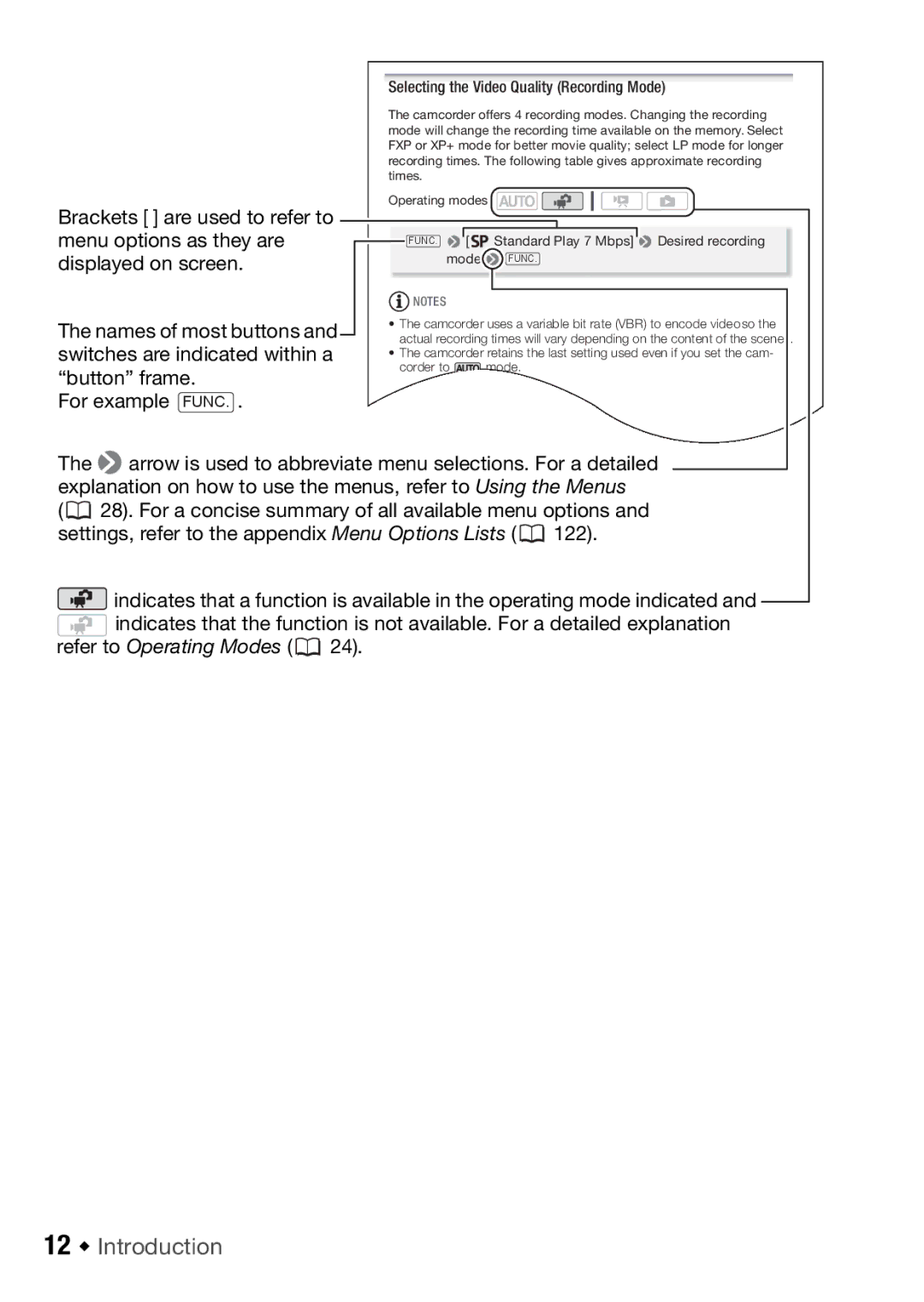 Canon HFR16, HFR17, HFR18, HFR106 instruction manual 12 Š Introduction, Selecting the Video Quality Recording Mode 