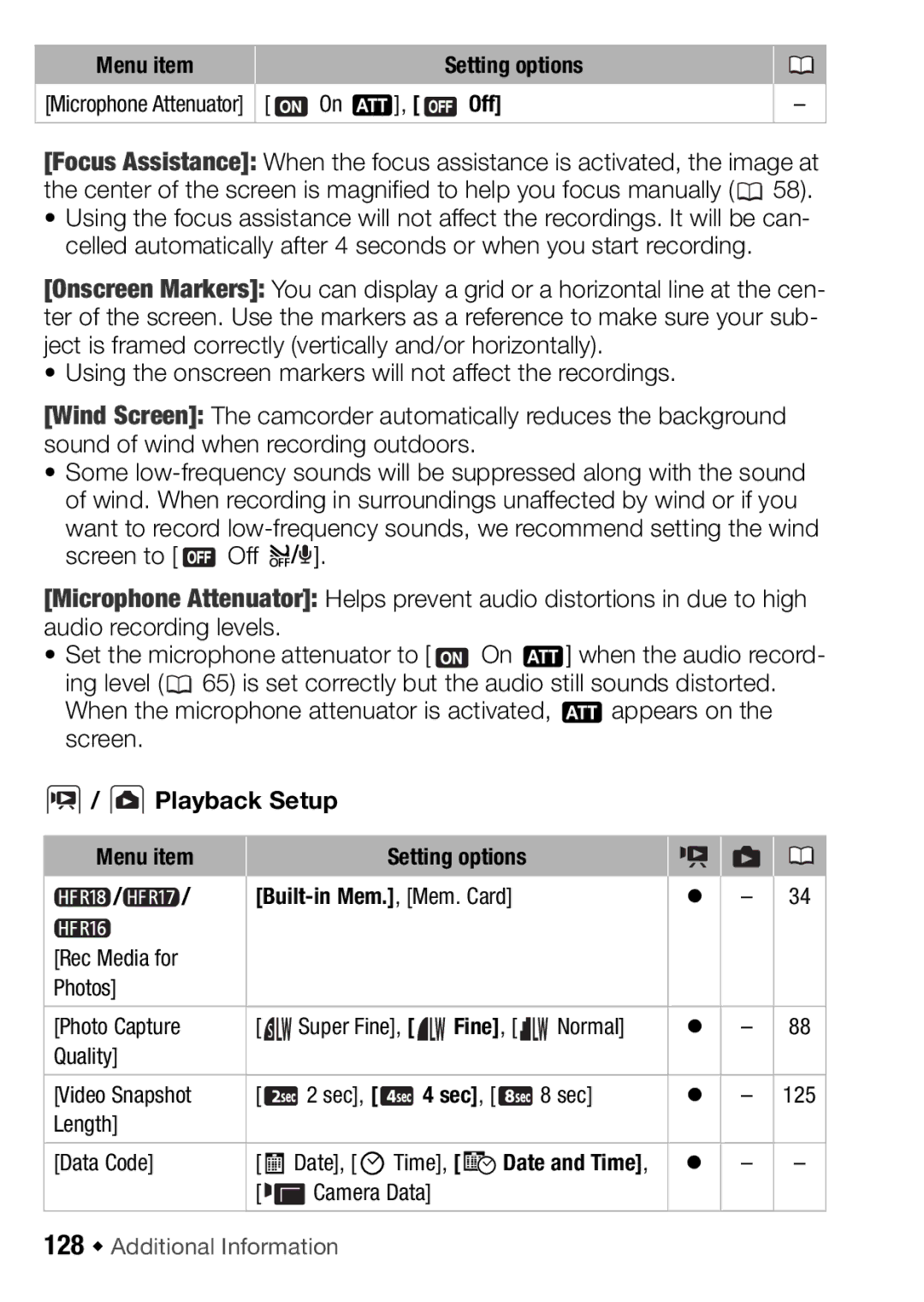 Canon HFR16, HFR17, HFR18, HFR106 instruction manual Playback Setup, 128 Š Additional Information 