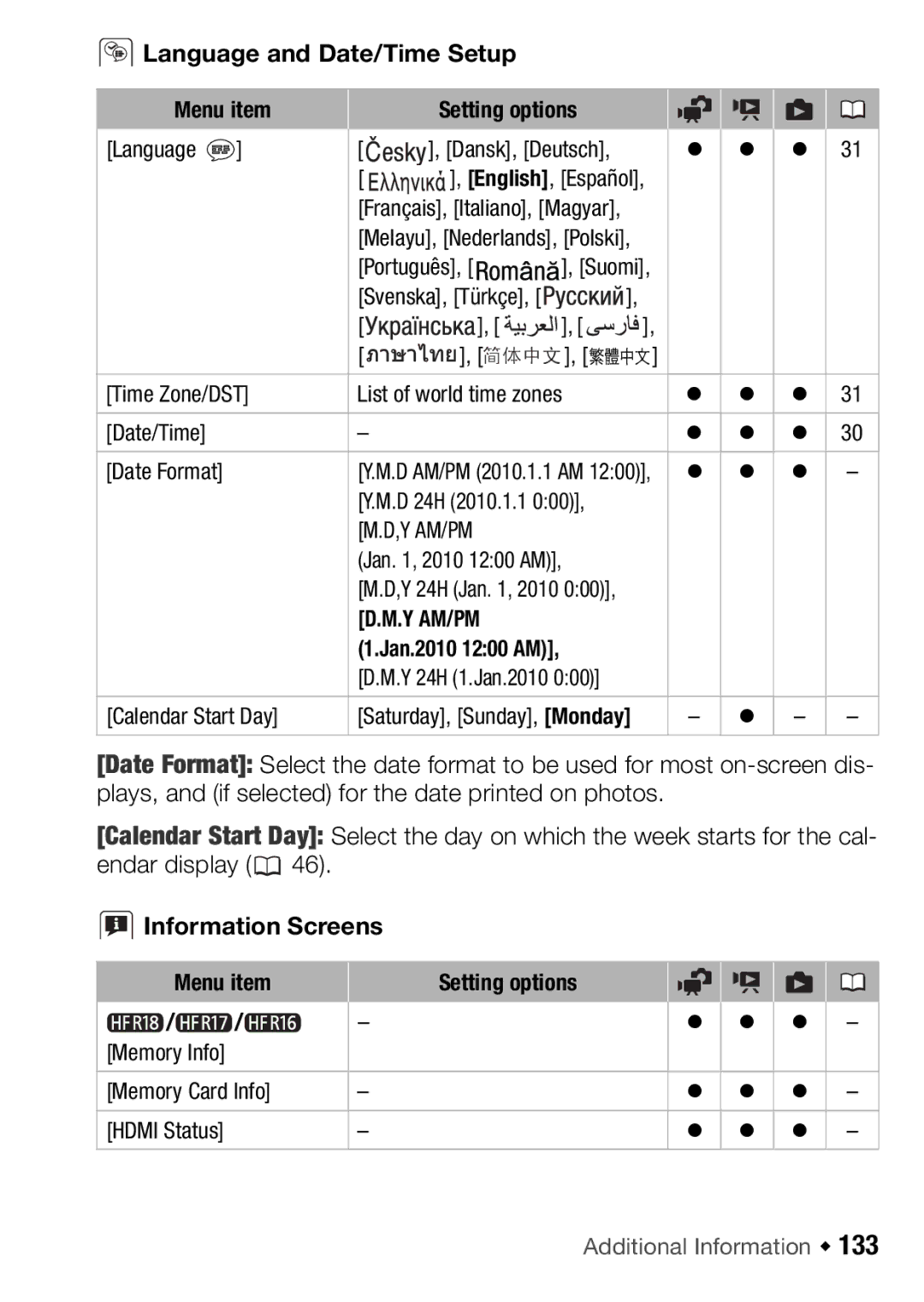 Canon HFR17, HFR16, HFR18, HFR106 instruction manual Language and Date/Time Setup, Information Screens 