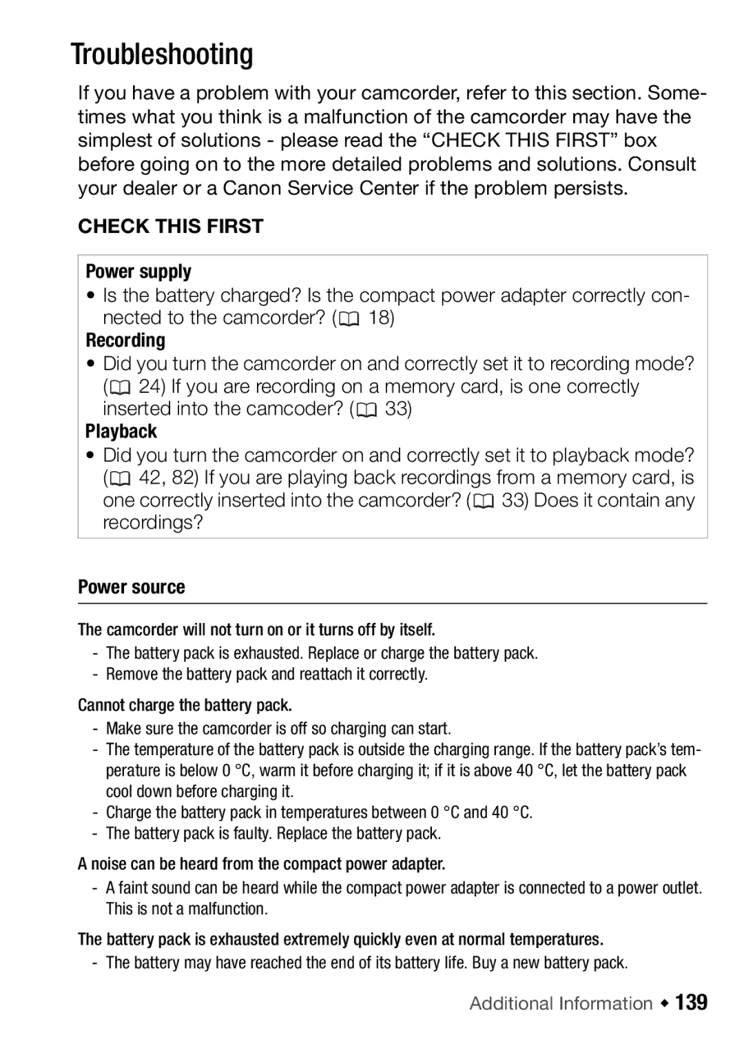 Canon HFR106, HFR16, HFR17, HFR18 instruction manual Troubleshooting, Power supply, Recording, Playback, Power source 