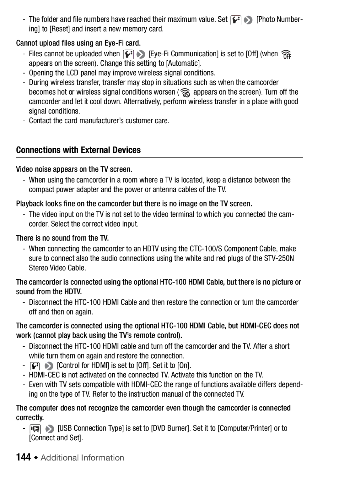 Canon HFR16, HFR17, HFR18, HFR106 instruction manual Connections with External Devices, 144 Š Additional Information 