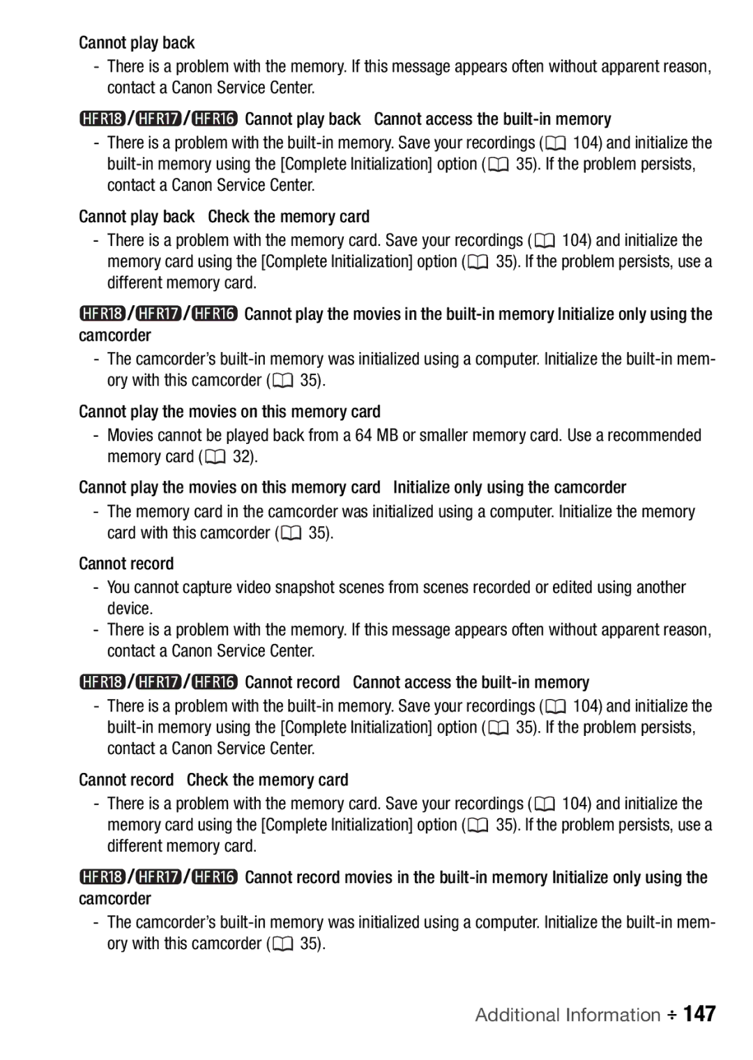 Canon HFR106, HFR16, HFR17, HFR18 instruction manual Cannot play back Cannot access the built-in memory 