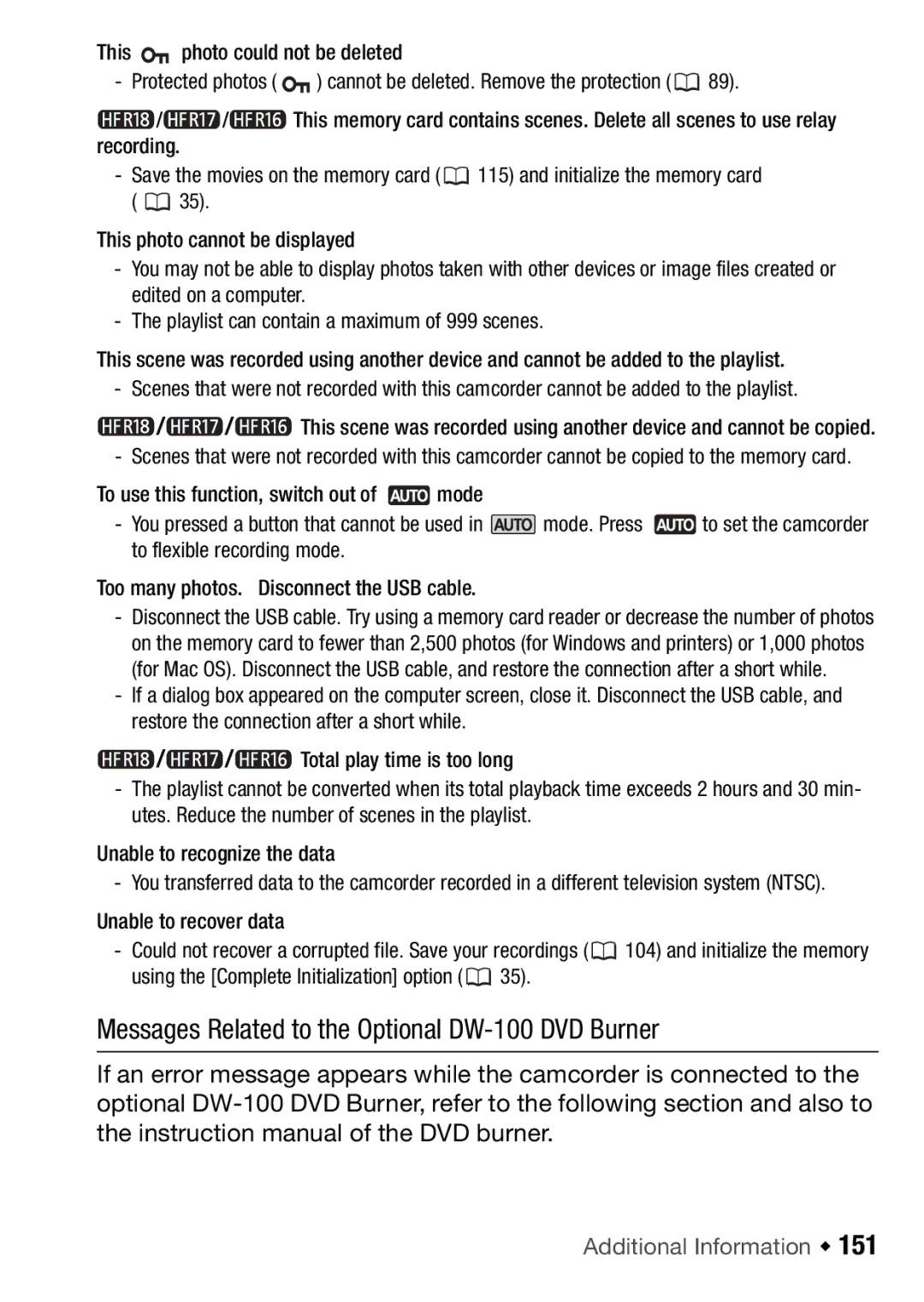 Canon HFR106, HFR16, HFR17, HFR18 Messages Related to the Optional DW-100 DVD Burner, Additional Information Š 