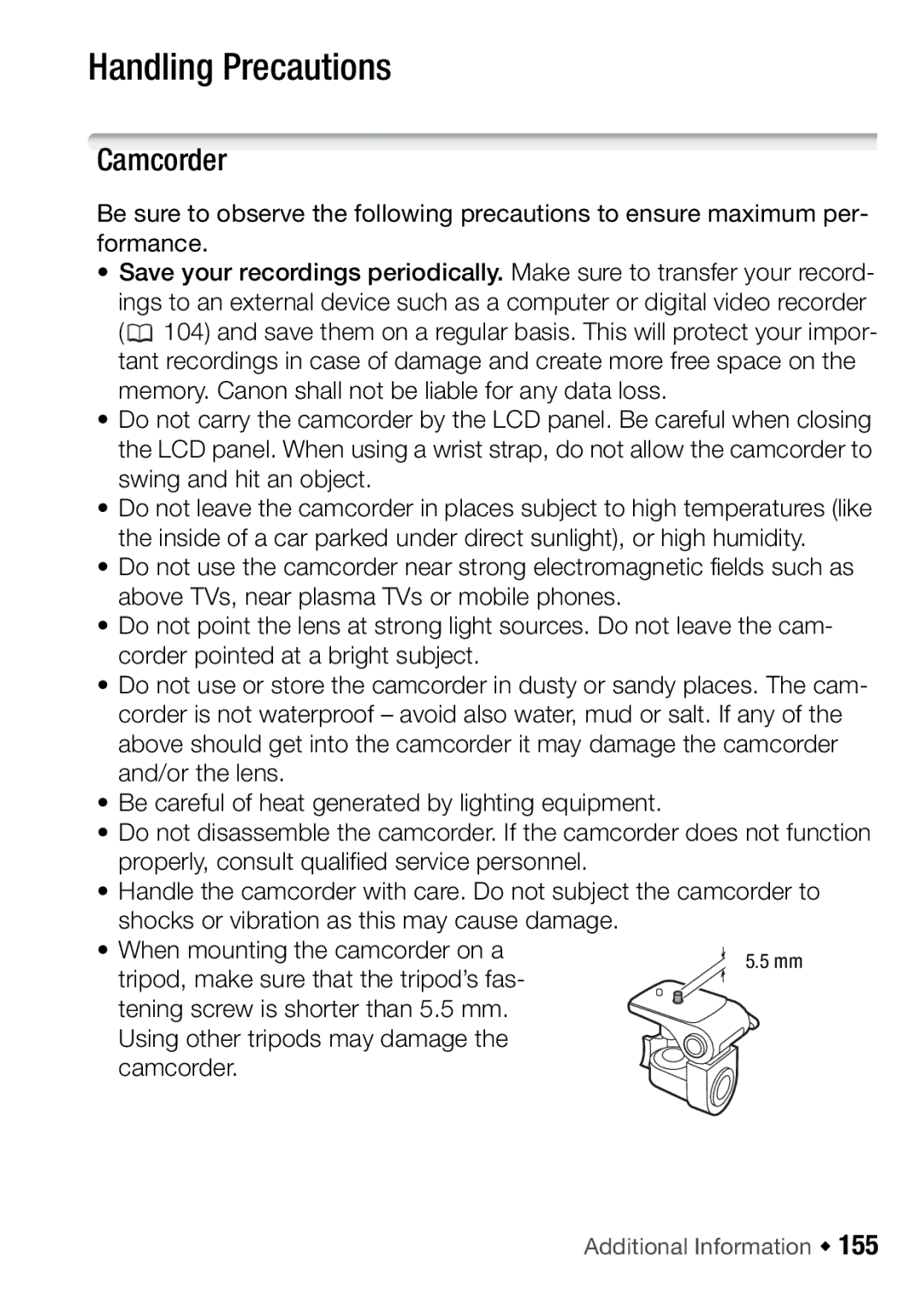 Canon HFR106, HFR16, HFR17, HFR18 instruction manual Handling Precautions, Camcorder 