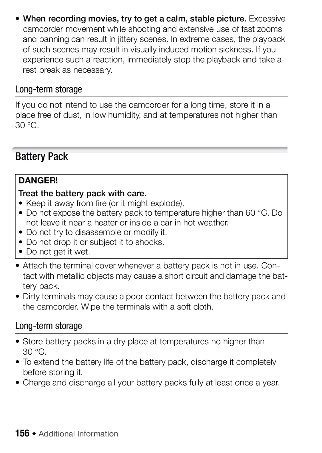 Canon HFR16, HFR17, HFR18, HFR106 instruction manual Battery Pack, Long-term storage, 156 Š Additional Information 