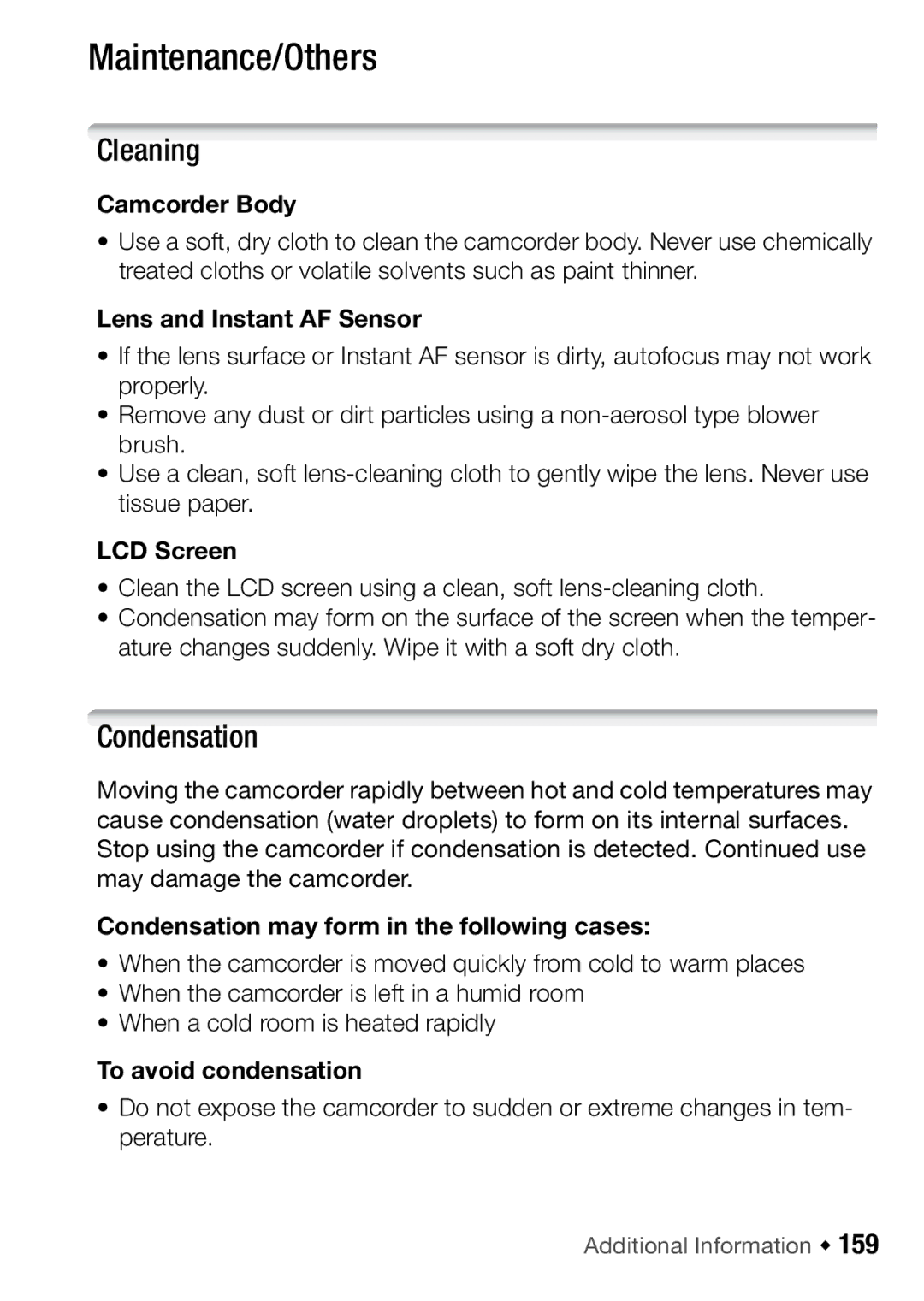 Canon HFR106, HFR16, HFR17, HFR18 instruction manual Maintenance/Others, Cleaning, Condensation 