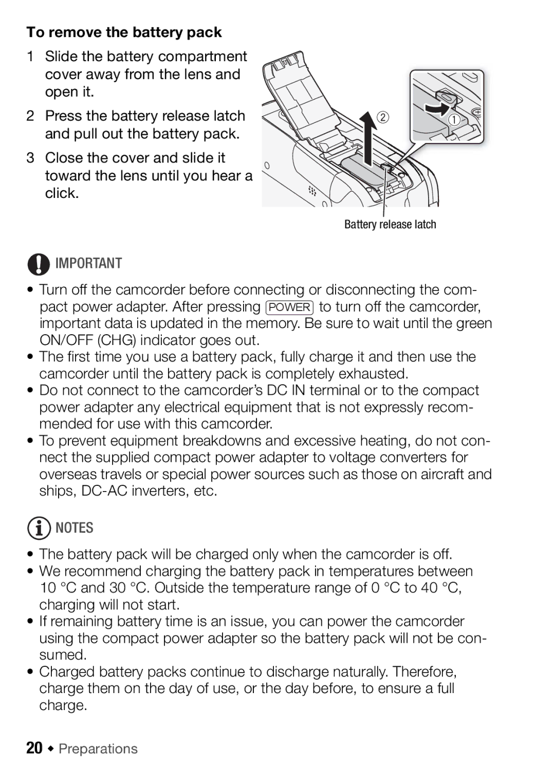 Canon HFR16, HFR17, HFR18, HFR106 instruction manual To remove the battery pack, 20 Š Preparations 