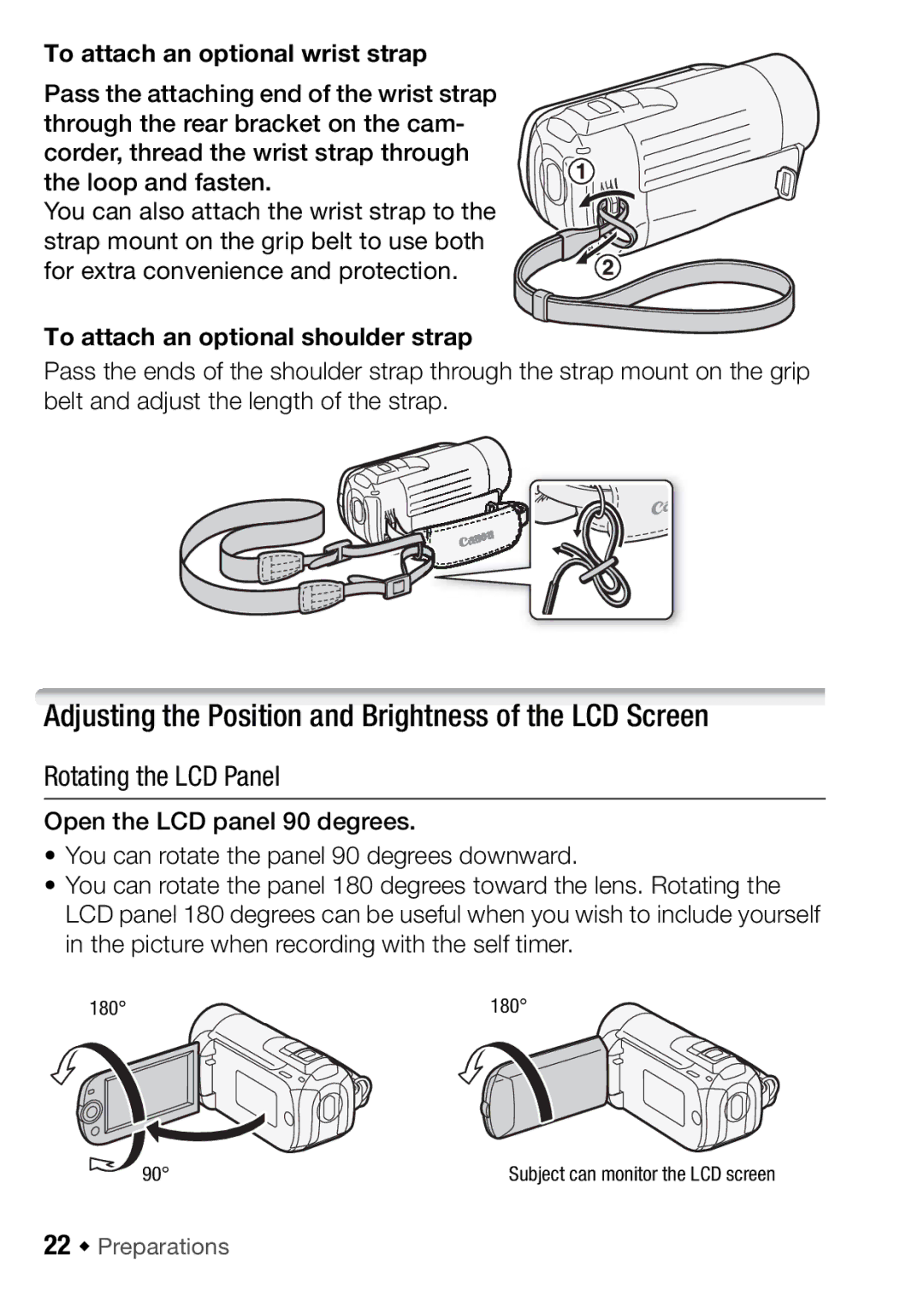 Canon HFR18, HFR16 Adjusting the Position and Brightness of the LCD Screen, Rotating the LCD Panel, 22 Š Preparations 