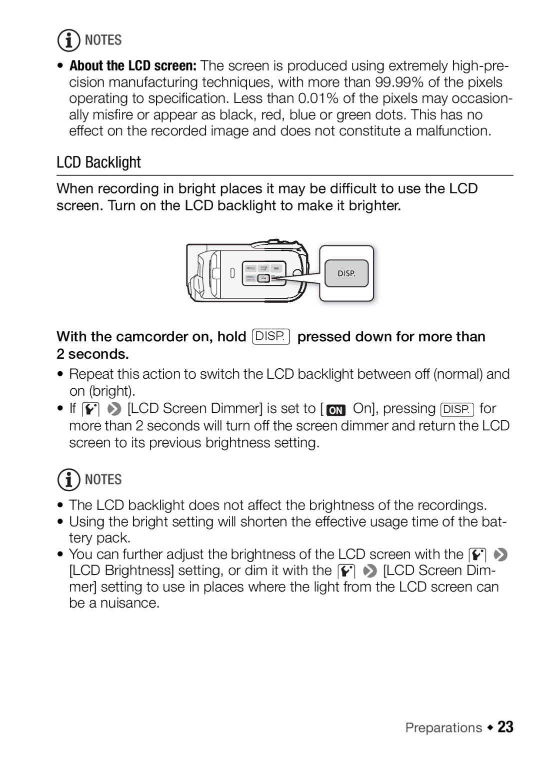 Canon HFR106, HFR16, HFR17, HFR18 instruction manual LCD Backlight 