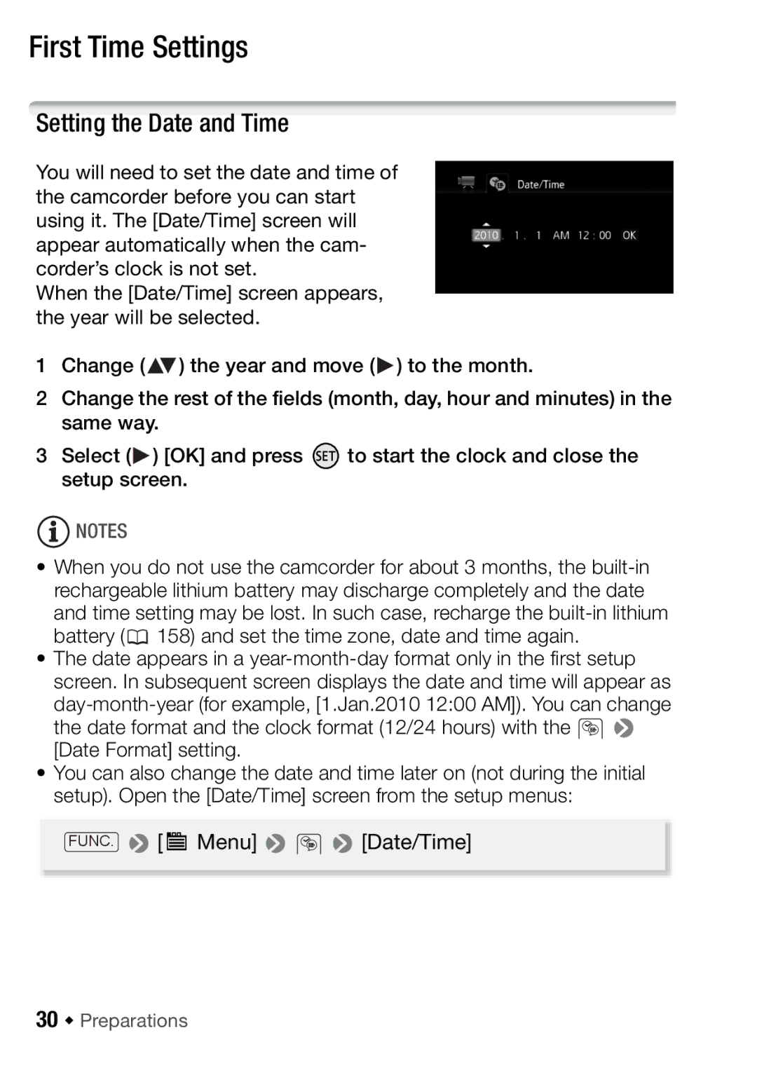 Canon HFR18, HFR16, HFR17, HFR106 instruction manual First Time Settings, Setting the Date and Time, 30 Š Preparations 