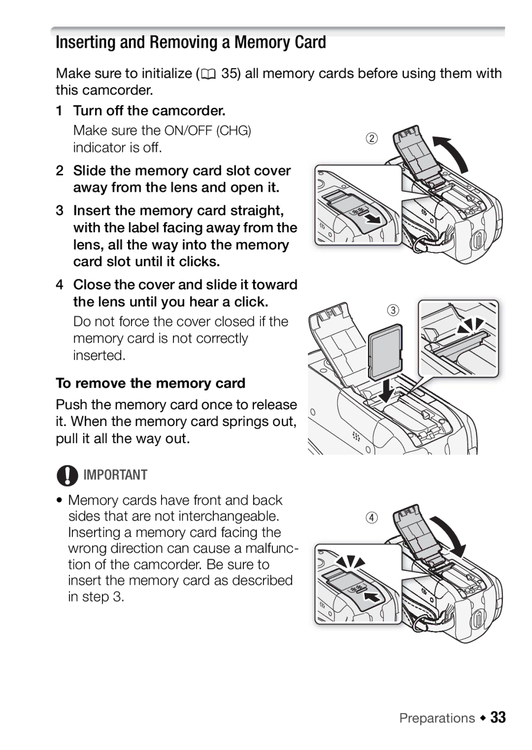 Canon HFR17, HFR16, HFR18, HFR106 instruction manual Inserting and Removing a Memory Card, To remove the memory card 