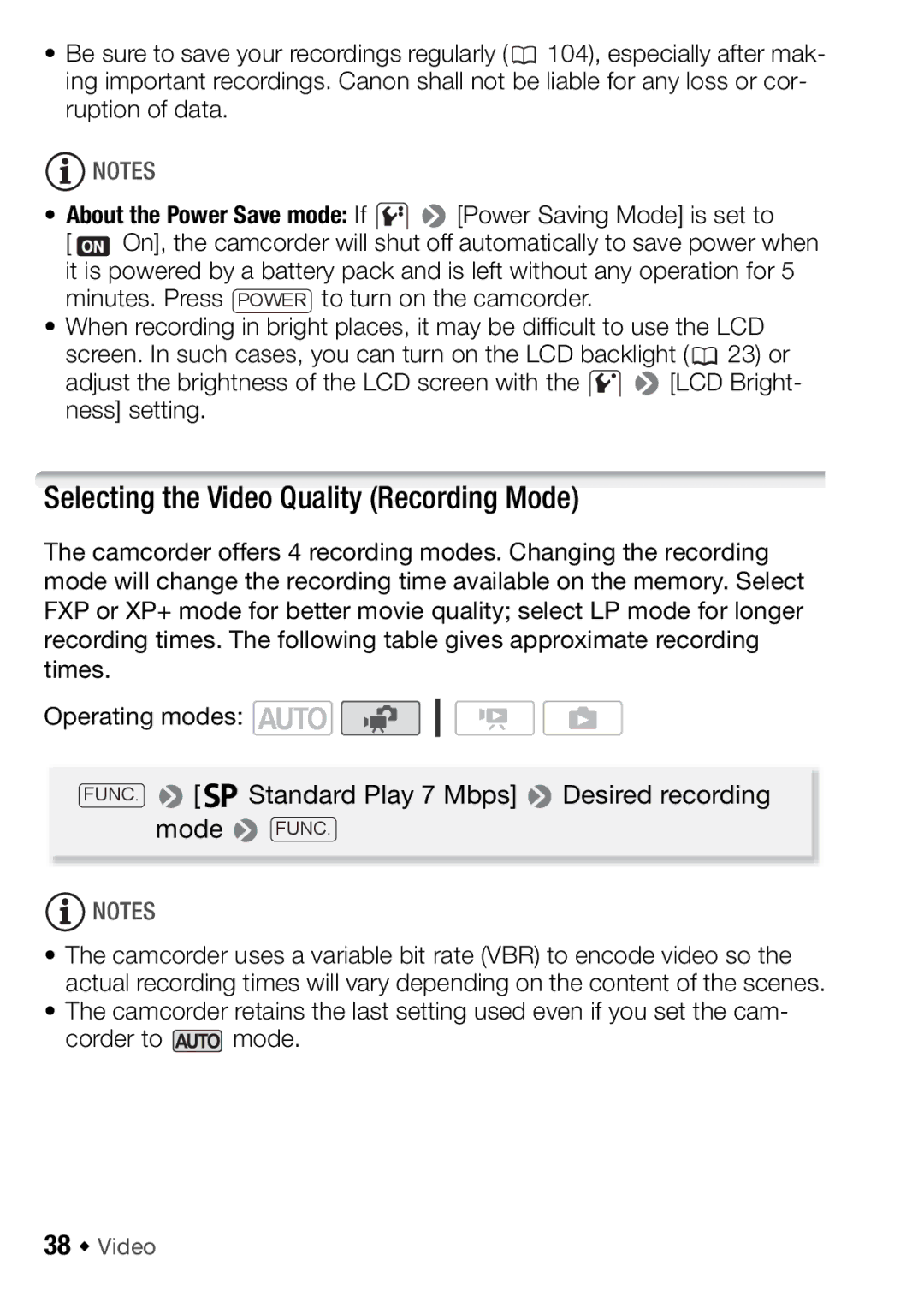 Canon HFR18, HFR16, HFR17, HFR106 instruction manual Selecting the Video Quality Recording Mode, 38 Š Video 