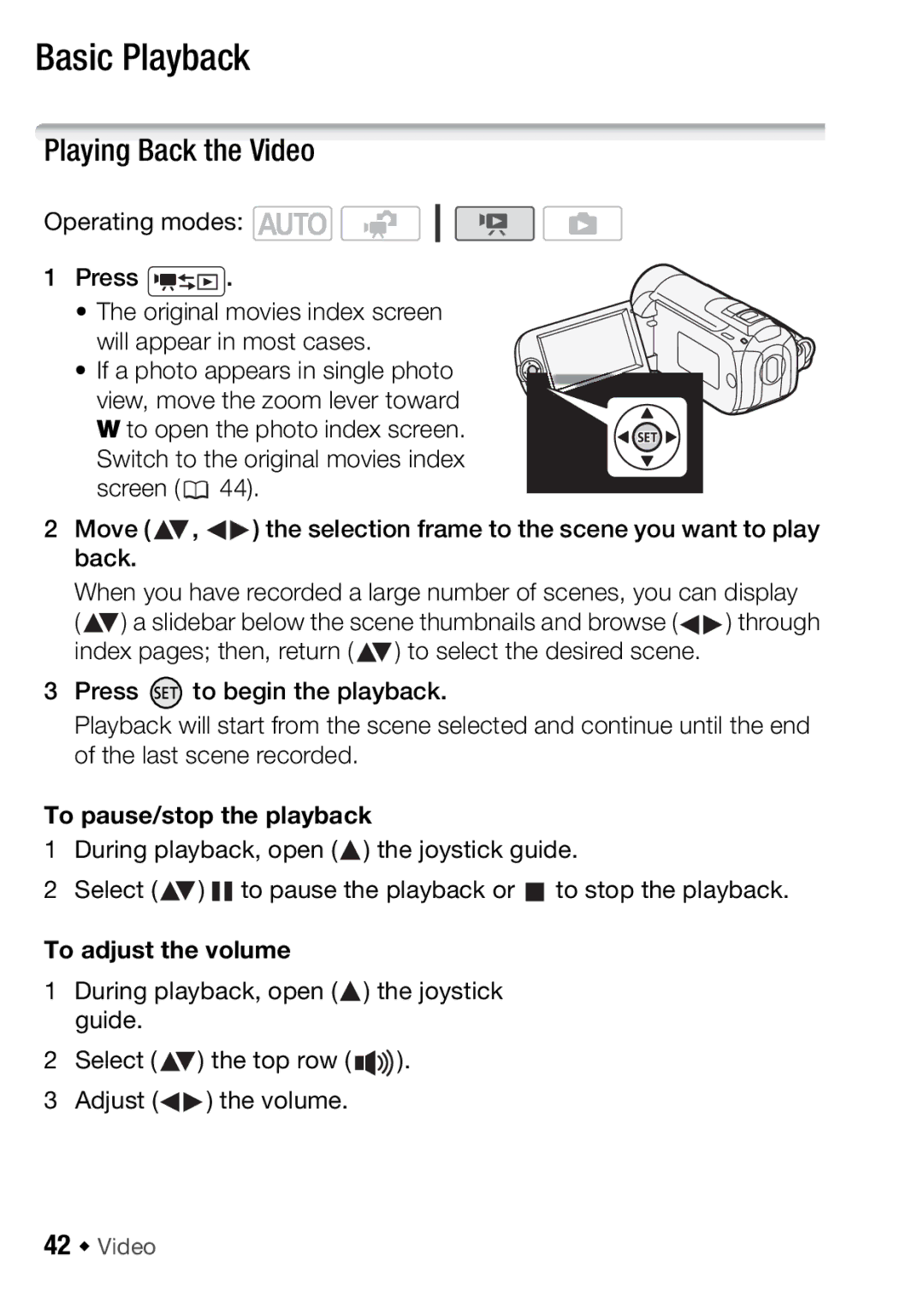 Canon HFR18, HFR16, HFR17, HFR106 Basic Playback, Playing Back the Video, Operating modes Press, To pause/stop the playback 