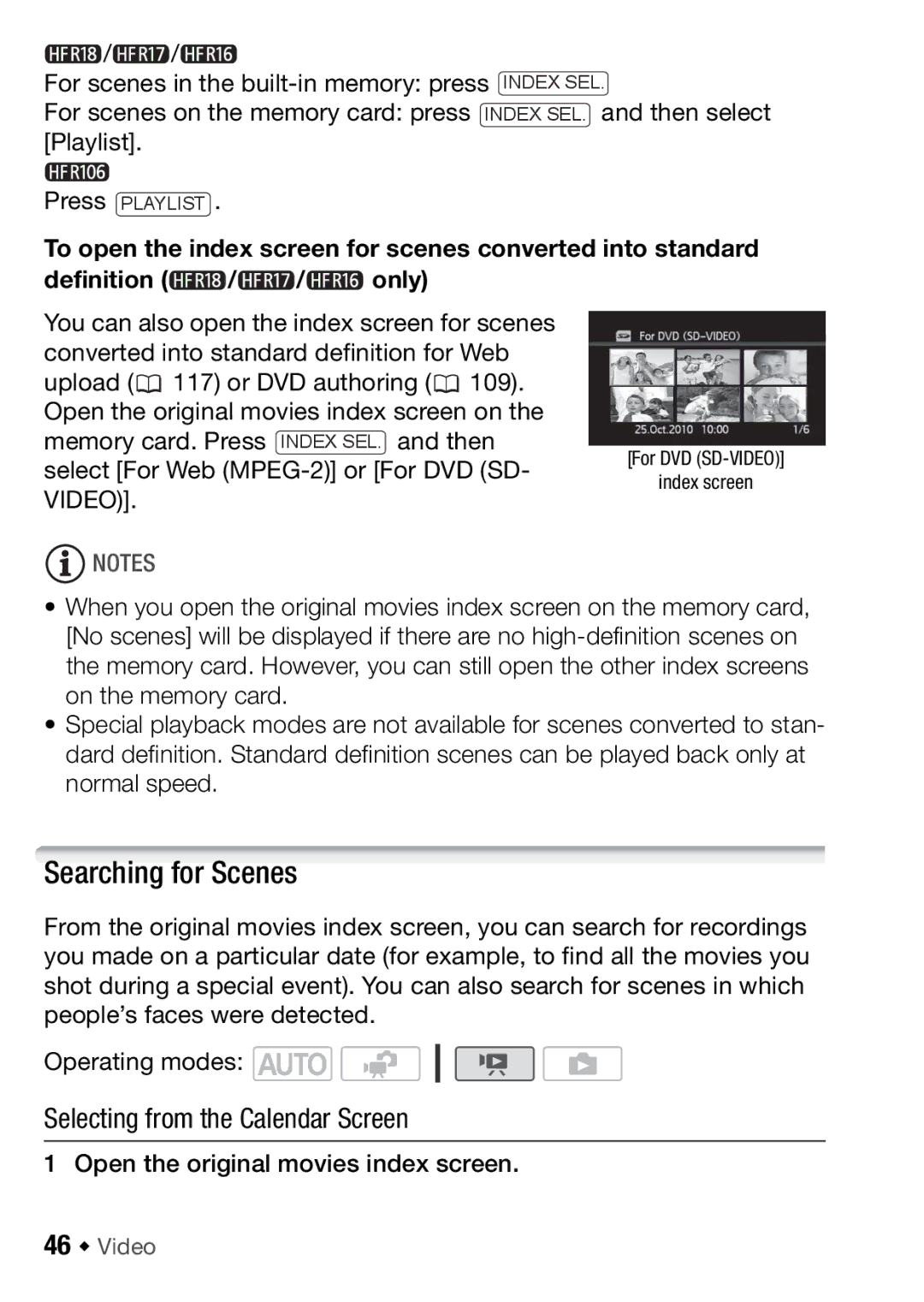 Canon HFR18 Searching for Scenes, Selecting from the Calendar Screen, Open the original movies index screen, 46 Š Video 