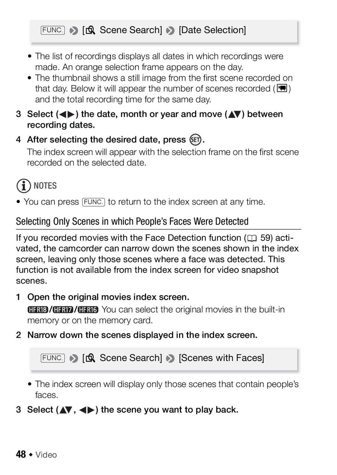 Canon HFR16, HFR17, HFR18, HFR106 instruction manual Selecting Only Scenes in which People’s Faces Were Detected, 48 Š Video 