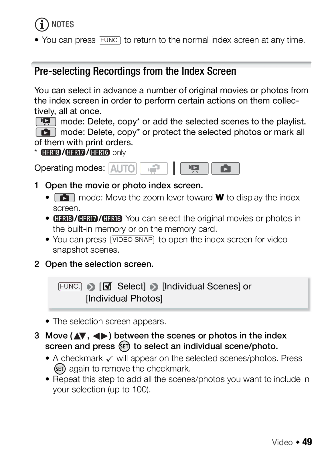 Canon HFR17, HFR16, HFR18, HFR106 instruction manual Pre-selecting Recordings from the Index Screen 