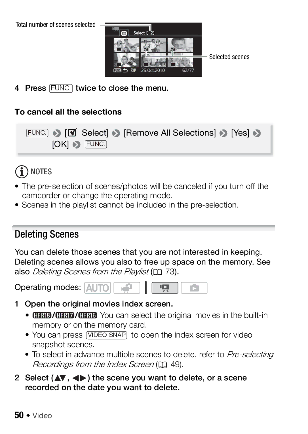 Canon HFR18, HFR16, HFR17 Deleting Scenes, Press FUNC. twice to close the menu, To cancel all the selections, 50 Š Video 