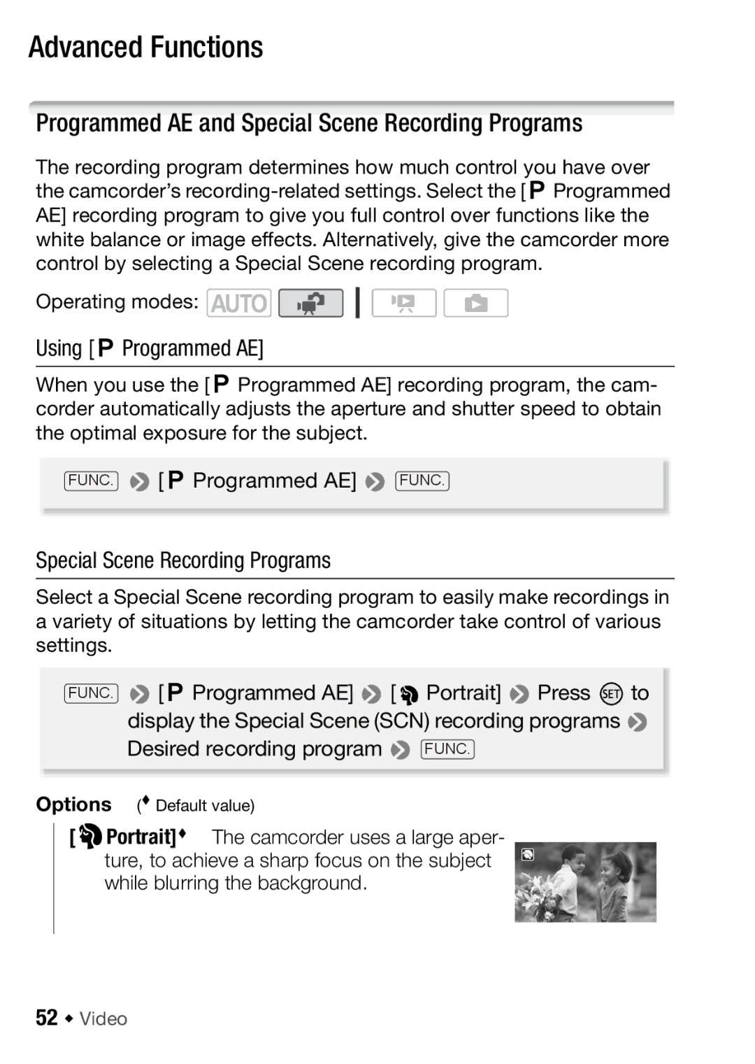 Canon HFR16, HFR17 Advanced Functions, Programmed AE and Special Scene Recording Programs, Using Programmed AE, 52 Š Video 