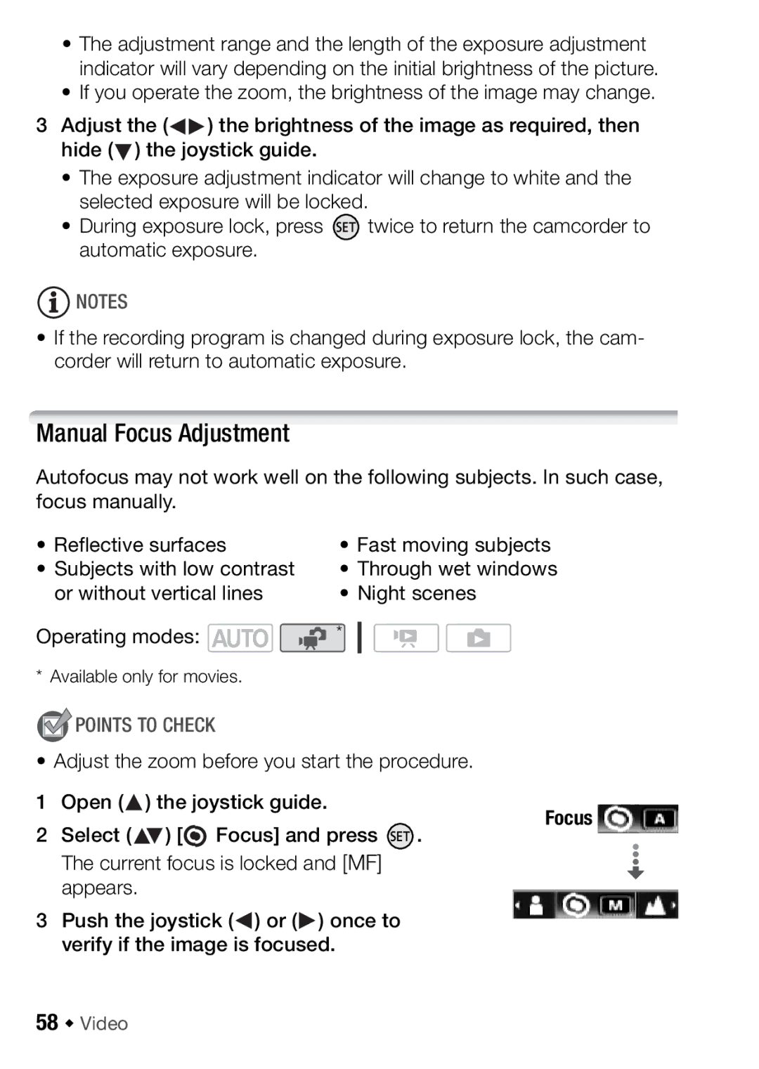 Canon HFR18, HFR16, HFR17 Manual Focus Adjustment, Or without vertical lines Night scenes Operating modes, 58 Š Video 