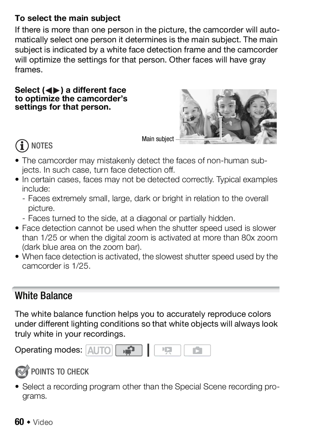 Canon HFR16, HFR17, HFR18, HFR106 instruction manual White Balance, To select the main subject, 60 Š Video 