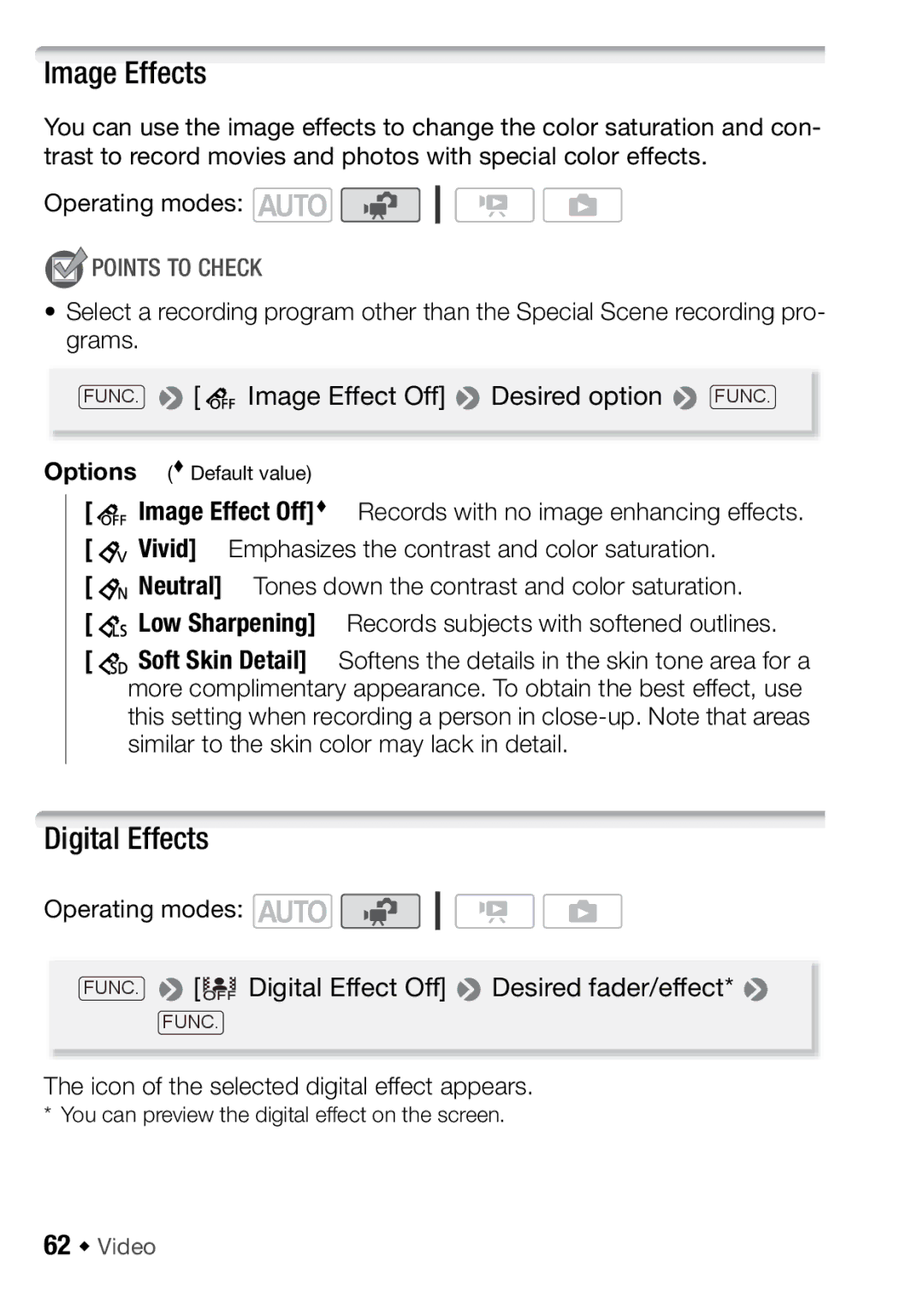 Canon HFR18, HFR16, HFR17, HFR106 Image Effects, Digital Effects, Icon of the selected digital effect appears, 62 Š Video 