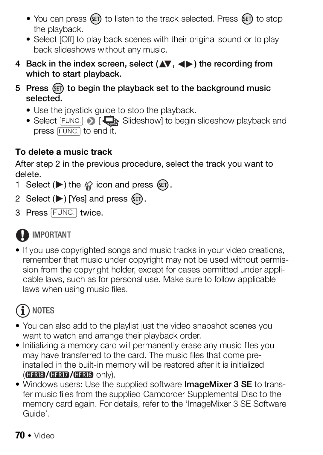 Canon HFR18, HFR16, HFR17, HFR106 instruction manual To delete a music track, 70 Š Video 