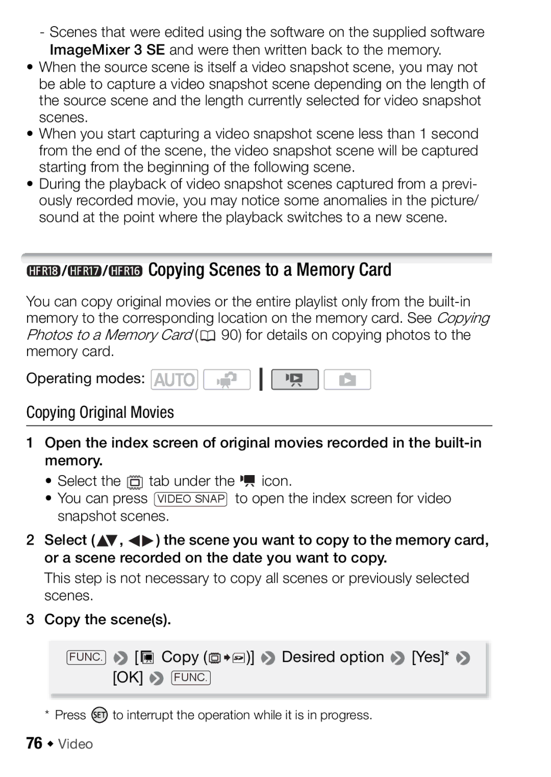 Canon HFR16, HFR17, HFR18, HFR106 instruction manual Copying Scenes to a Memory Card, Copying Original Movies, 76 Š Video 