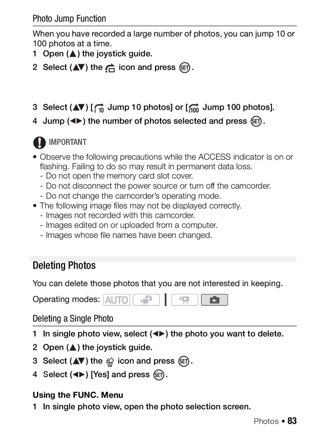 Canon HFR106, HFR16, HFR17, HFR18 Deleting Photos, Photo Jump Function, Deleting a Single Photo, Using the FUNC. Menu 