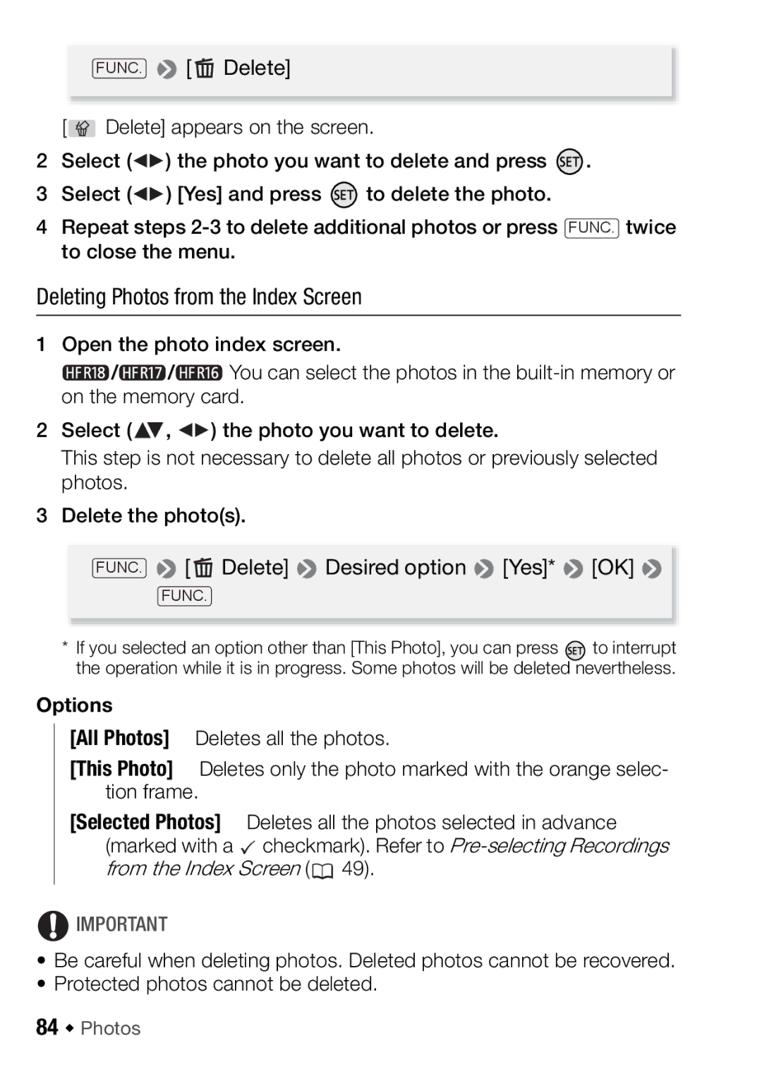 Canon HFR16, HFR17, HFR18, HFR106 instruction manual Deleting Photos from the Index Screen, 84 Š Photos 