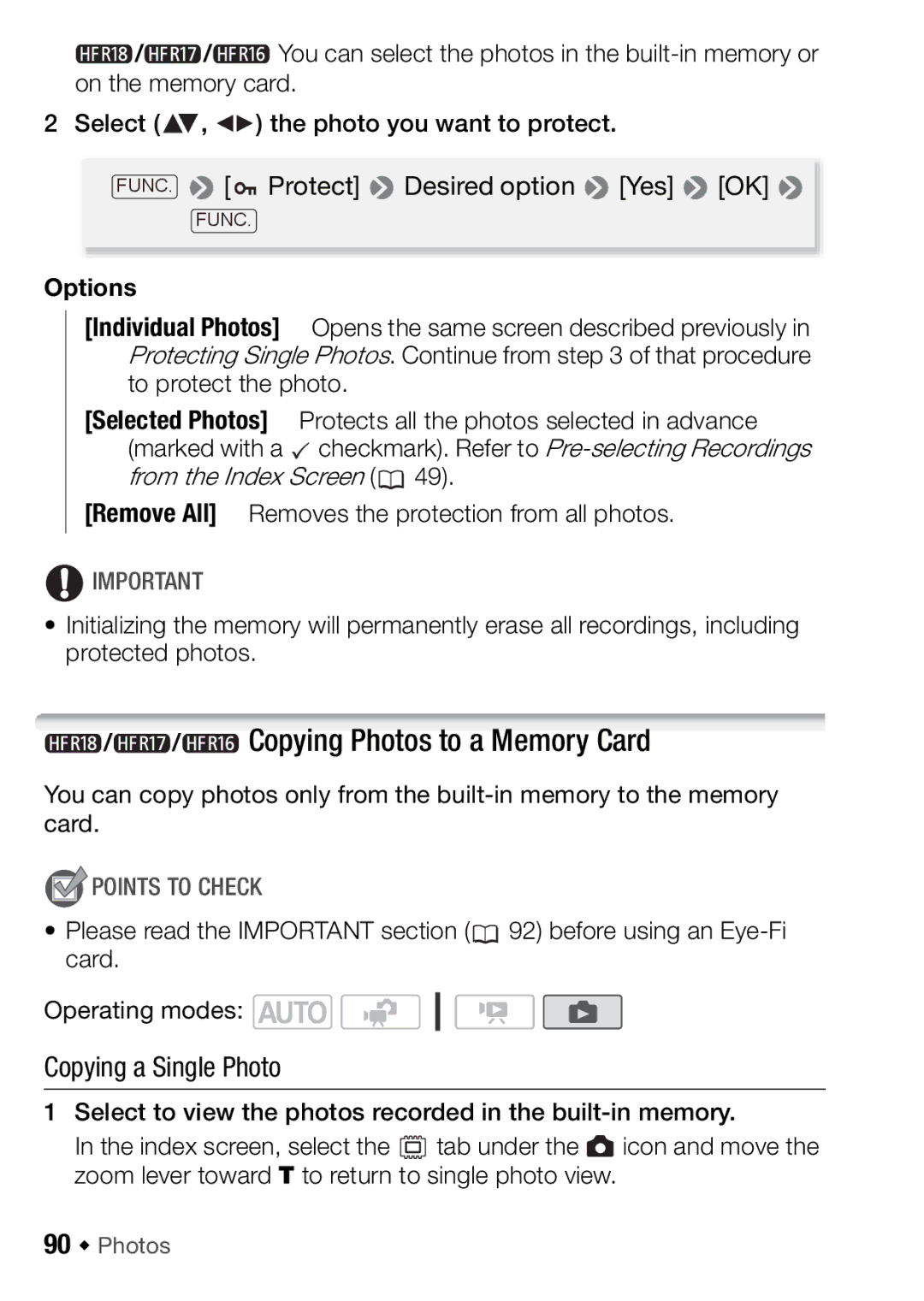 Canon HFR18, HFR16, HFR17, HFR106 instruction manual Copying Photos to a Memory Card, Copying a Single Photo, 90 Š Photos 