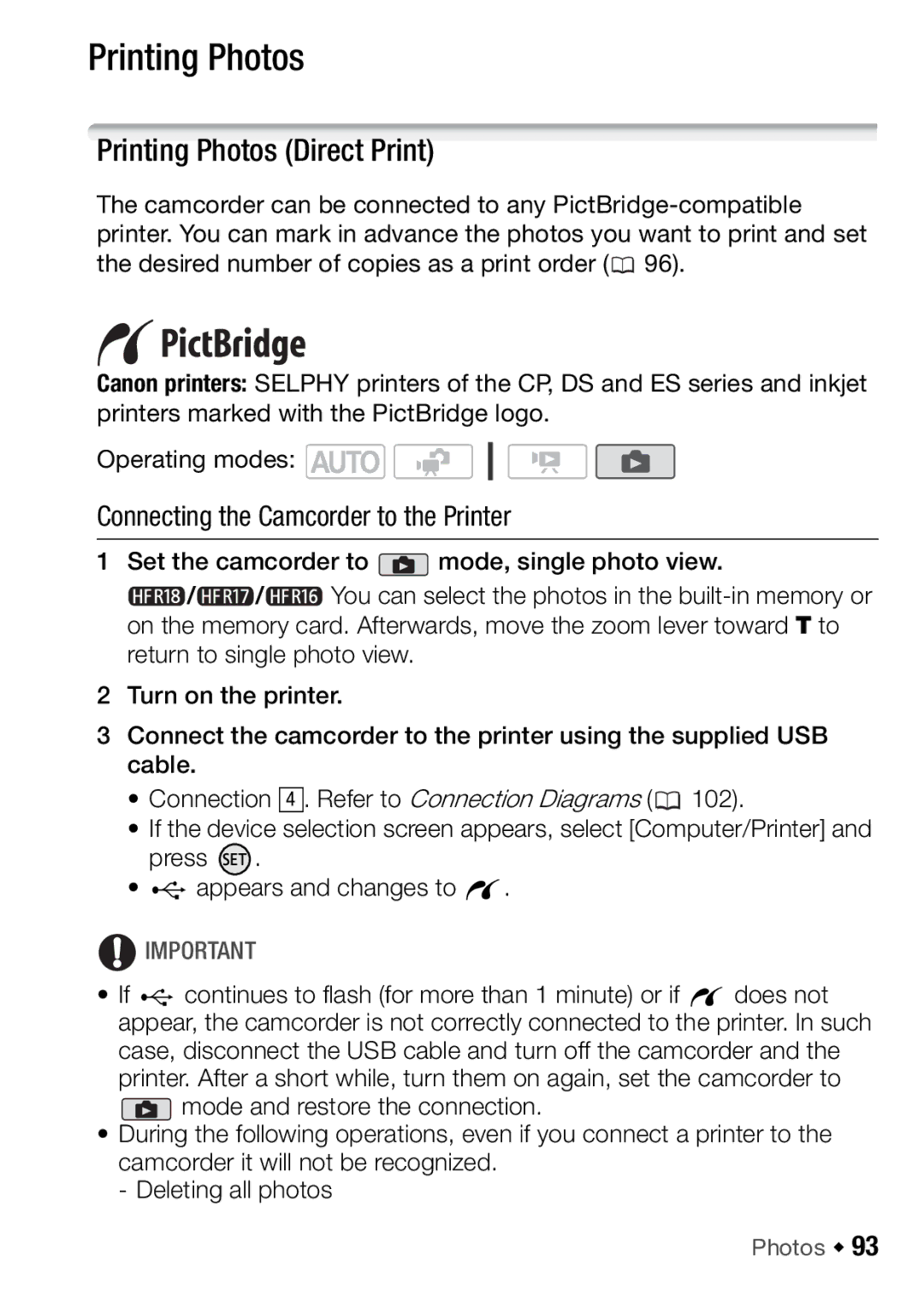 Canon HFR17, HFR16, HFR18, HFR106 instruction manual Printing Photos Direct Print, Connecting the Camcorder to the Printer 