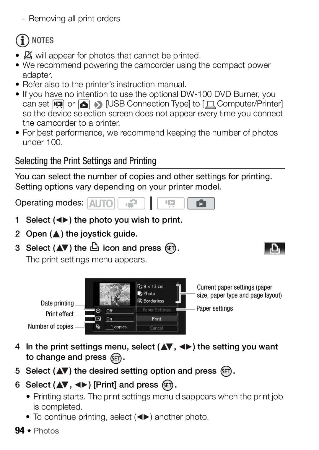 Canon HFR18, HFR16, HFR17, HFR106 instruction manual Selecting the Print Settings and Printing, 94 Š Photos 