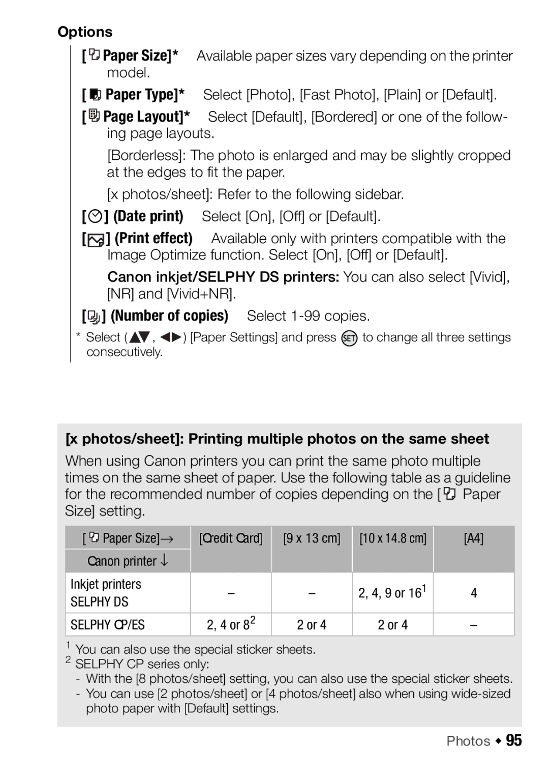 Canon HFR106, HFR16, HFR17 Number of copies Select 1-99 copies, Photos/sheet Printing multiple photos on the same sheet 