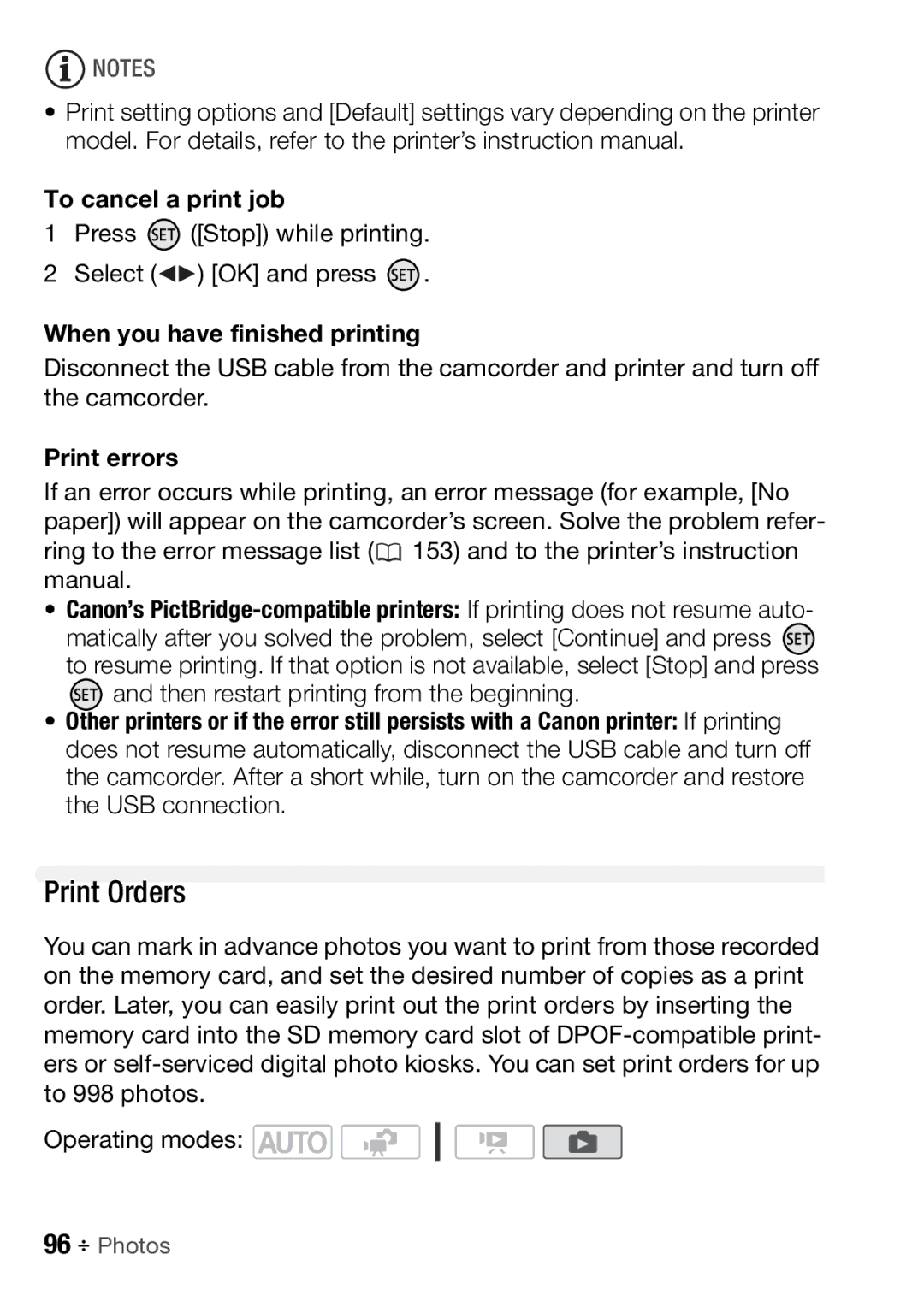 Canon HFR16, HFR17, HFR18 Print Orders, To cancel a print job, Press Stop while printing Select OK and press, Print errors 