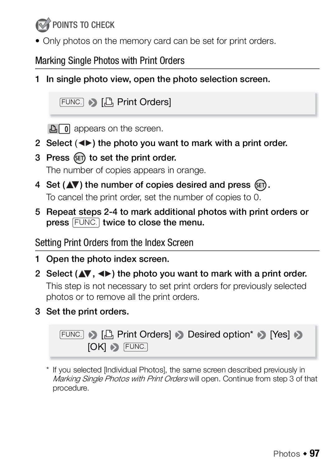 Canon HFR17, HFR16, HFR18, HFR106 Marking Single Photos with Print Orders, Setting Print Orders from the Index Screen 
