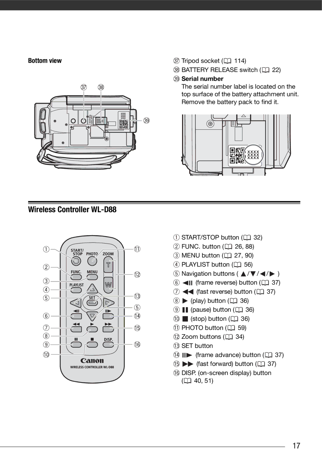 Canon HG21, HG20 instruction manual Wireless Controller WL-D88, Bottom view 