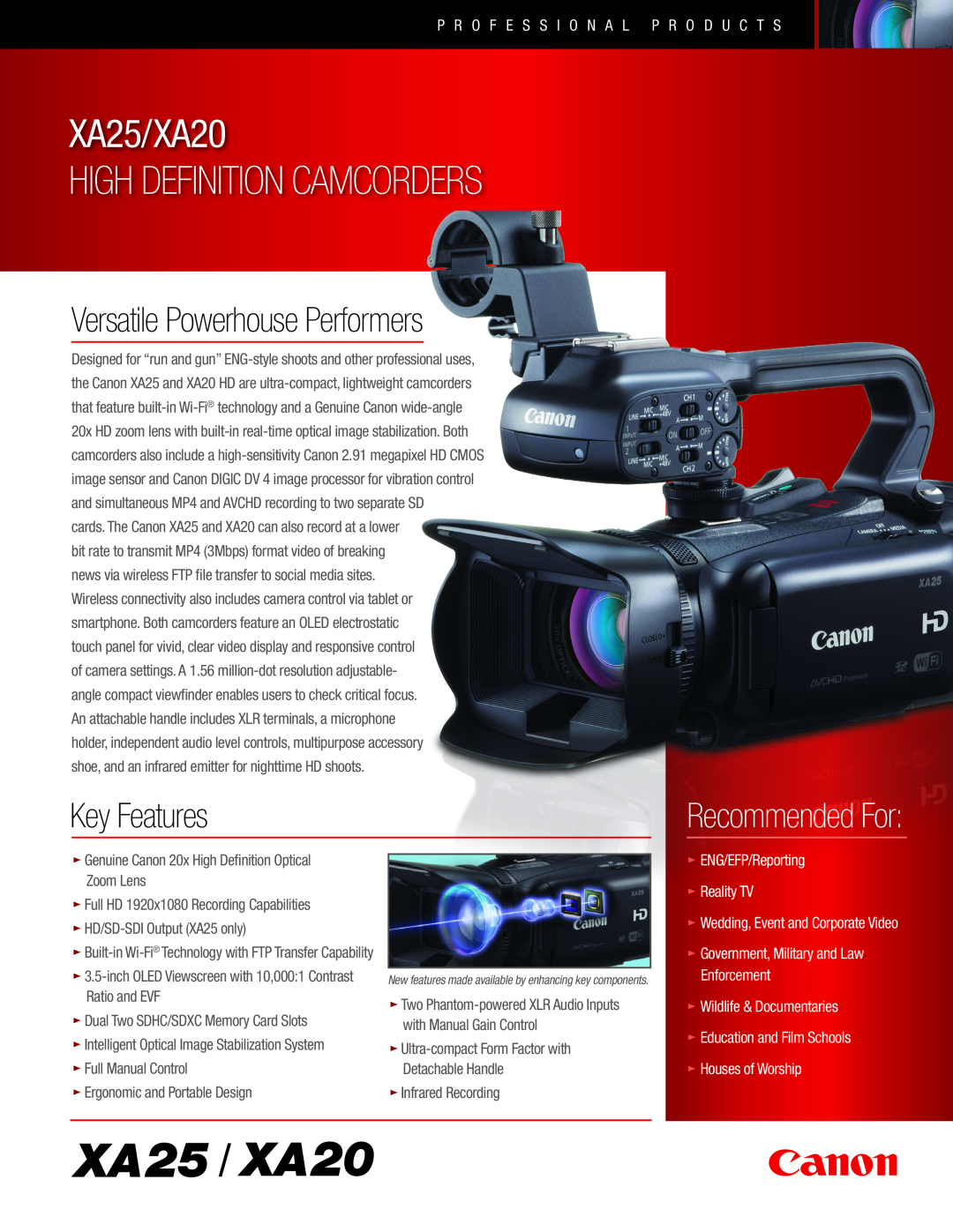 Canon high definition camcorder manual Versatile Powerhouse Performers, Key Features, XA25/XA20 HIGH DEFINITION CAMCORDERS 
