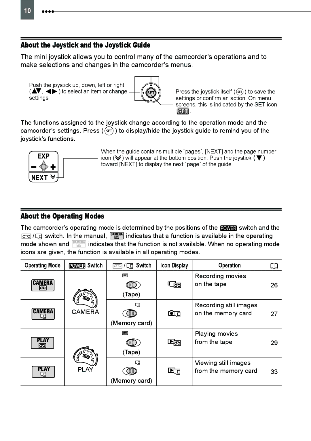 Canon HV20 instruction manual About the Joystick and the Joystick Guide, About the Operating Modes, Switch, Operation 