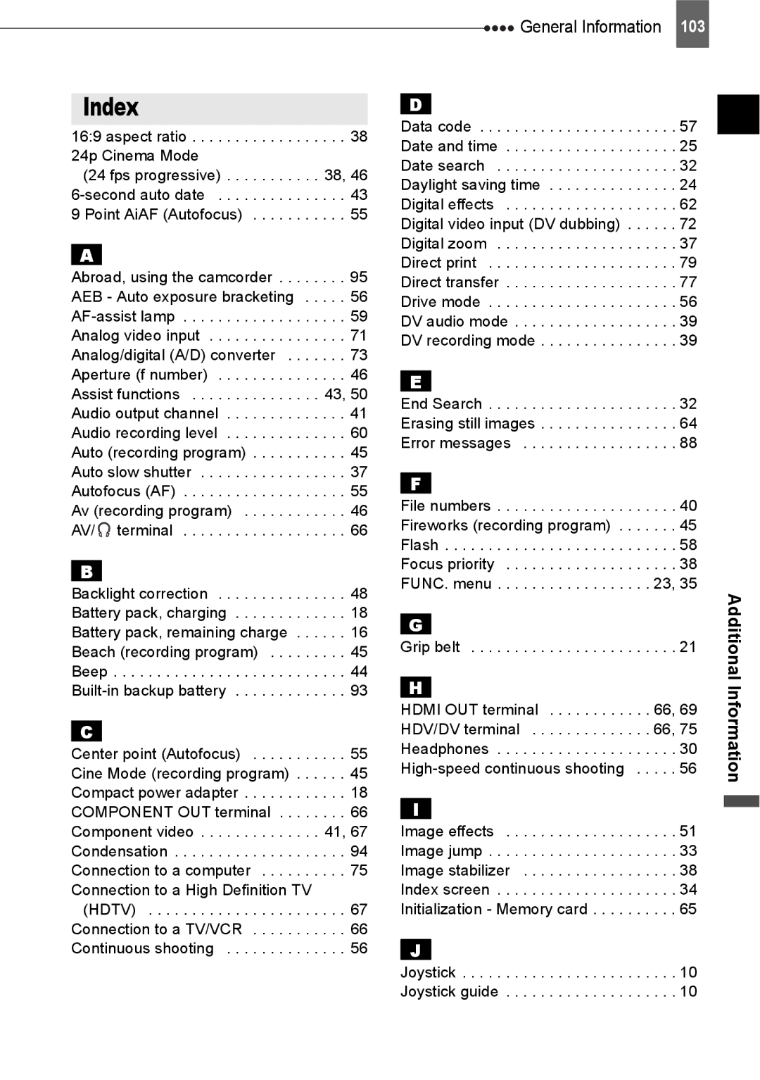 Canon HV20 instruction manual Index, End Search Erasing still images Error messages 