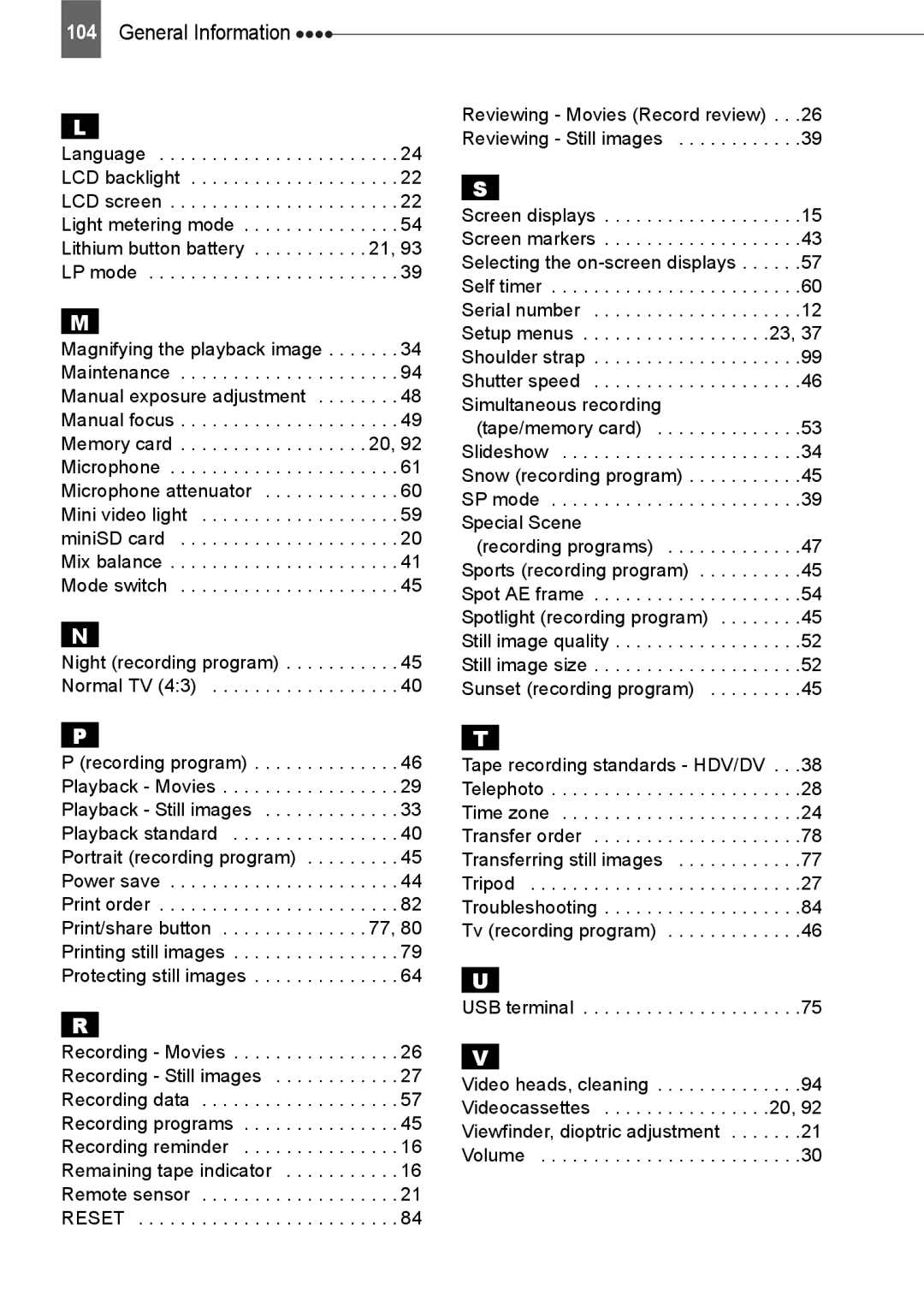 Canon HV20 instruction manual USB terminal, Night recording program Normal TV 43 